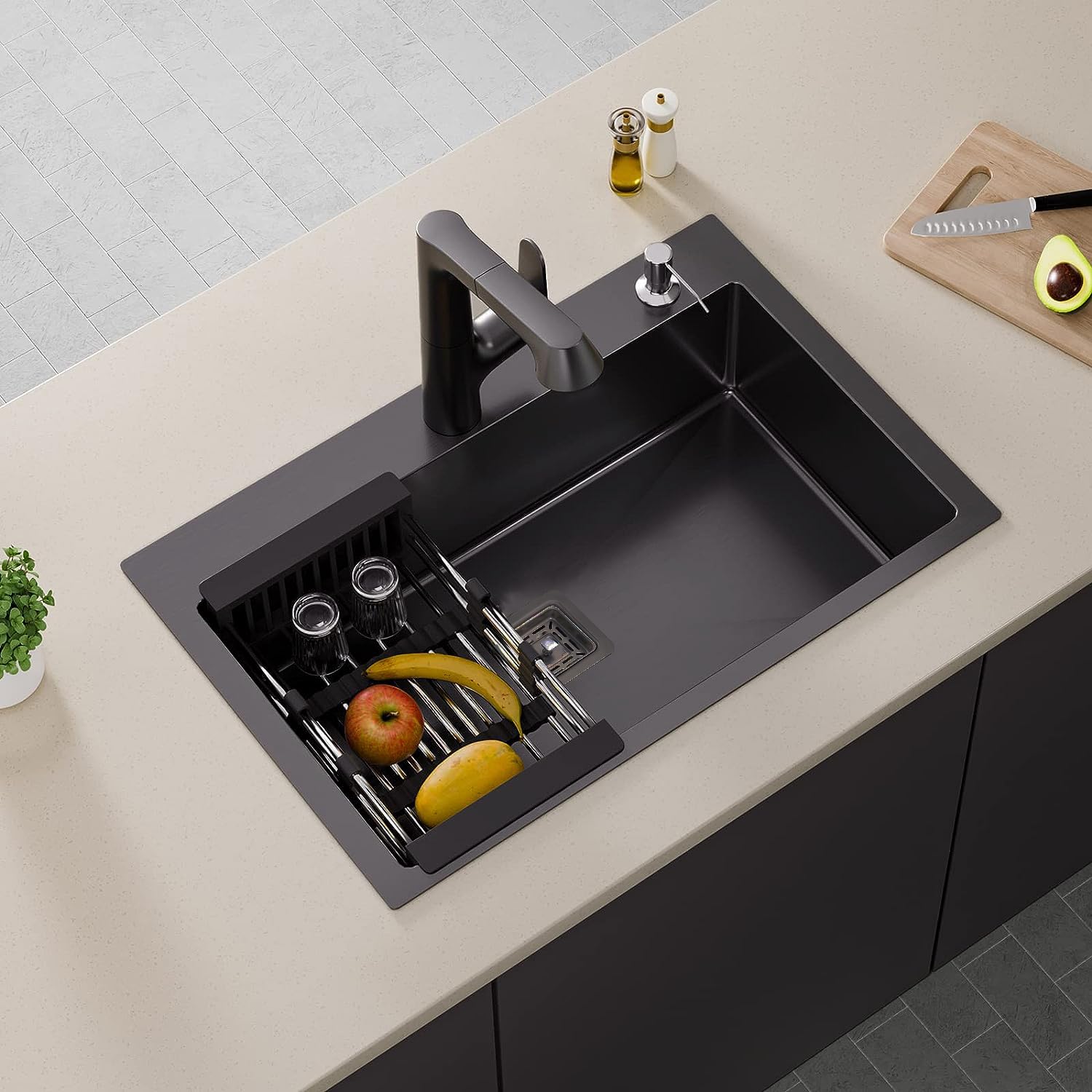 Fossa 24 x 18 x 10 Inch 5-Year Warranty Handmade Single Bowl Kitchen Sink with Tap Hole | Pure Premium Stainless Steel | Deep Bowl | Modern Modular Sink, Black (Matte Finish) 3