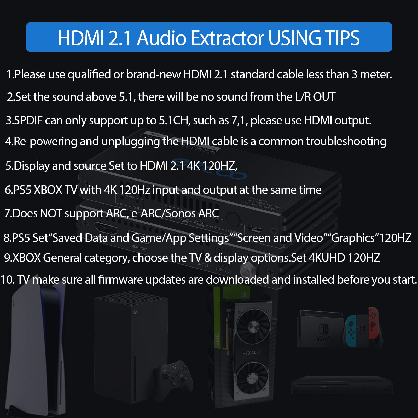 HDR10 4K 120Hz HDMI 2.1 8K 60Hz VRR HDCP2.3 Audio Extractor & Converter - SPDIF, Optical 7.1/5.1CH & Stereo Audio Breakout, Dolby Digital - PS5 & Xbox Compatible