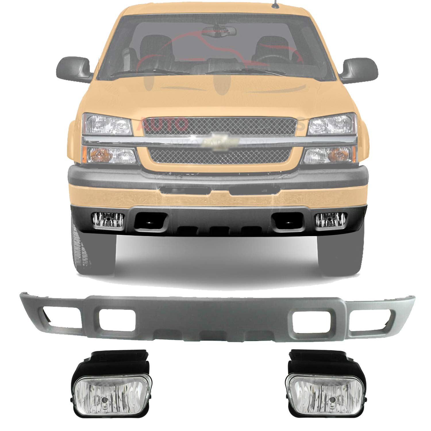 Autoelements New Front Lower Valance Air Deflector Textured with Fog Light and Tow Hook Holes + Fog Light Left Driver & Right Passenger Side for 2003-2006 Chevrolet Silverado 1500 2500HD 3500