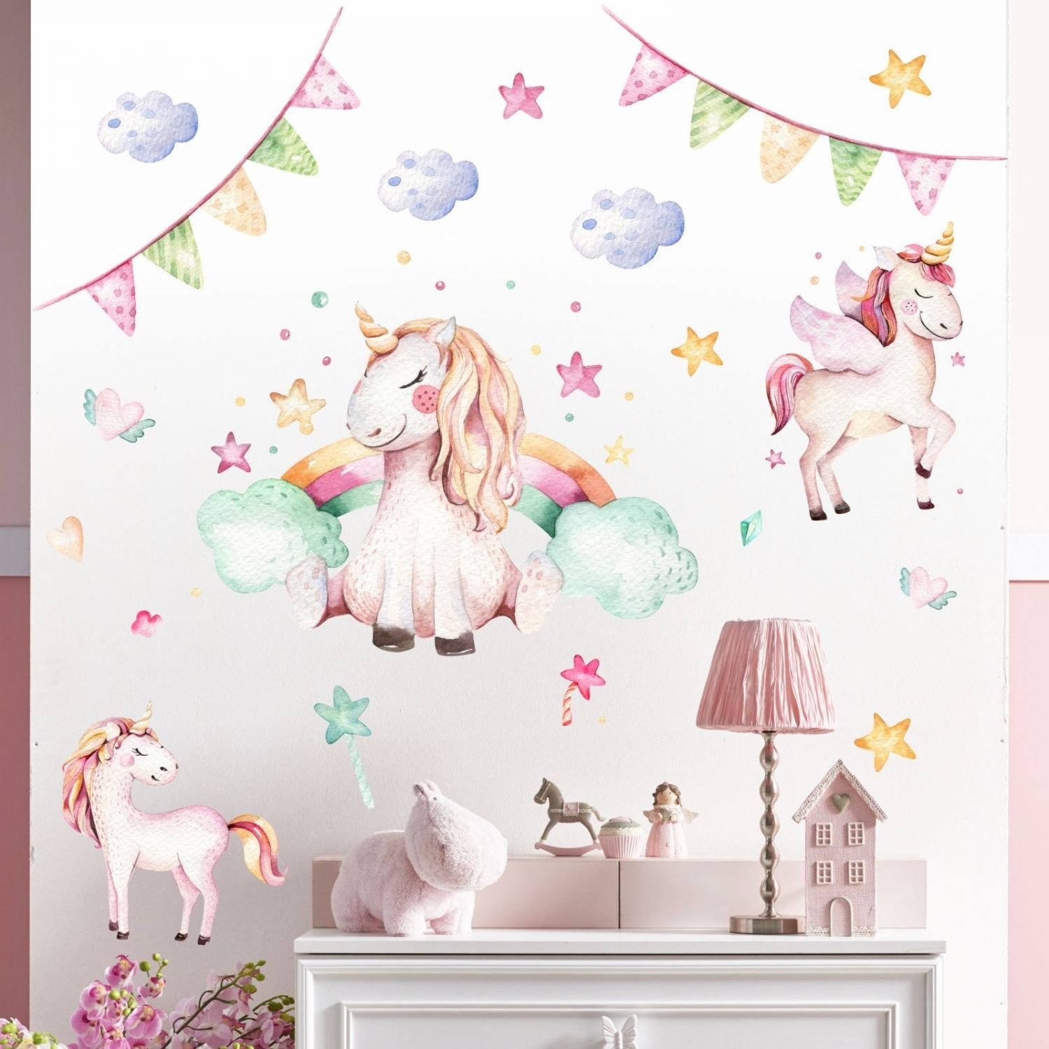 Nikima – 074 – Adesivo da Parete con Unicorno Pastello Arcobaleno per cameretta Bambini Ragazza – in 6 Misure – Simpatico Adesivo e Adesivo per cameretta Bambini