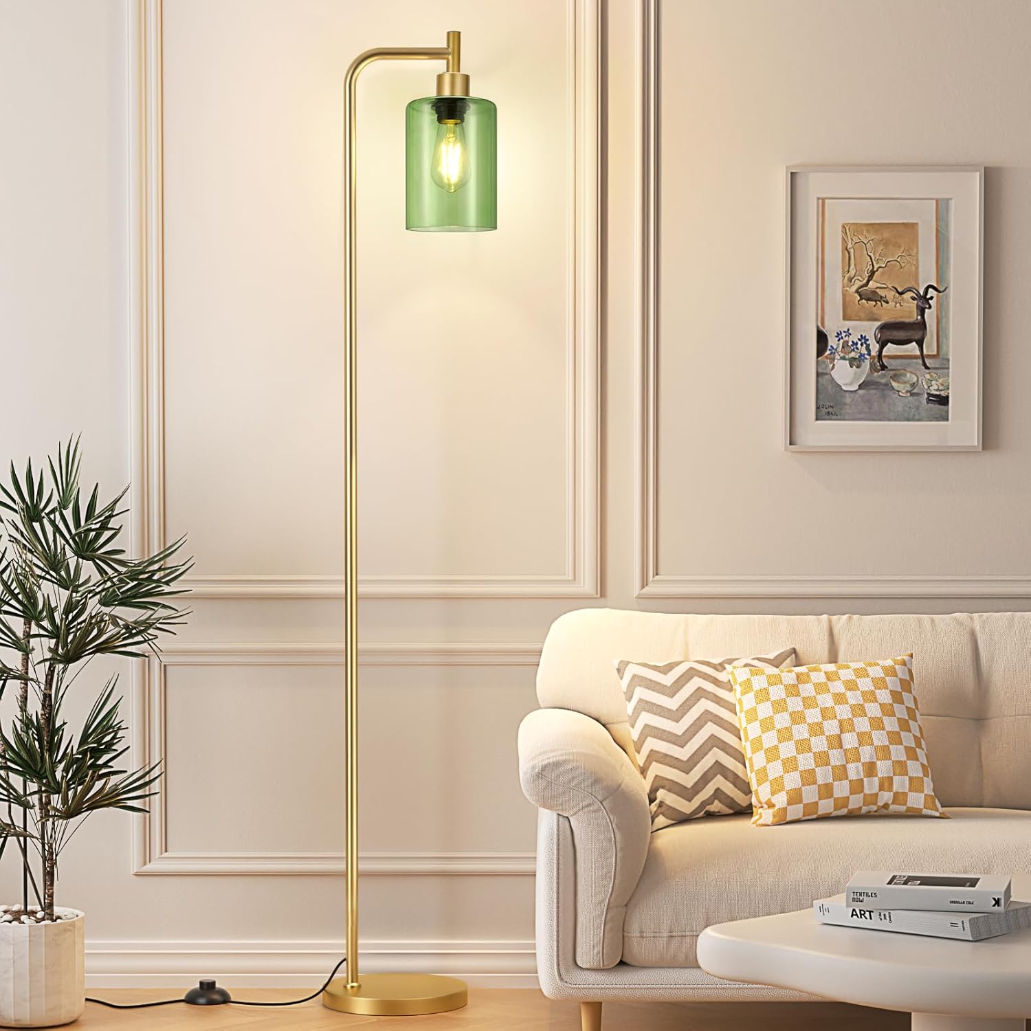 Floor Lamps for Living Room - Industrial Standing Lamp with Green Glass Shade, Modern Gold Floor Lamp with LED Bulbs, Farmhouse Floor Lamp for Bedroom, Tall Lamp for Office