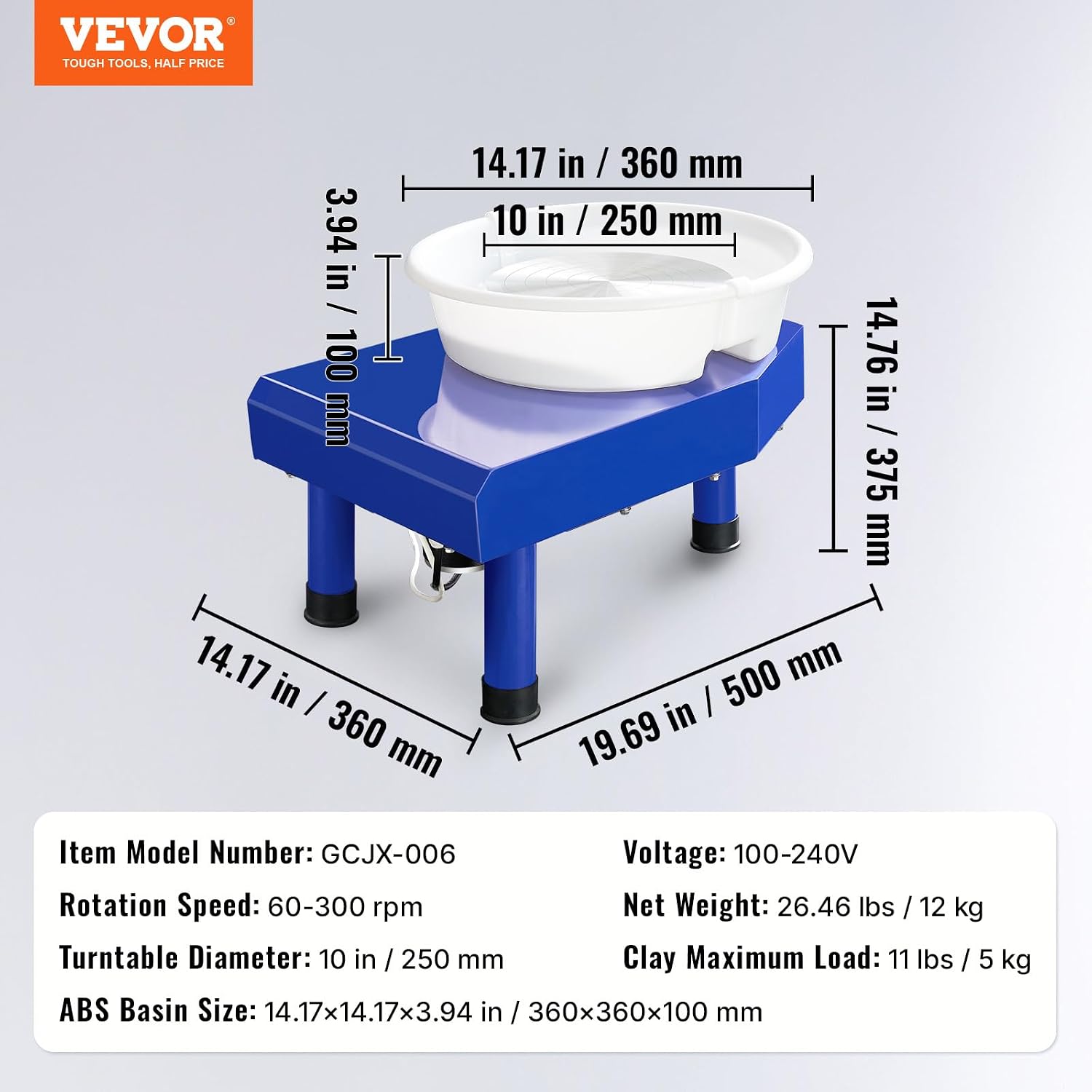 VEVOR Pottery Wheel, 10 in Ceramic Wheel Forming Machine, 60-300 RPM Adjustable Speed with Foot Pedal, ABS Detachable Basin, Manual LCD Panel, Sculpting Tool and Apron, for Home Pottery Craft DIY