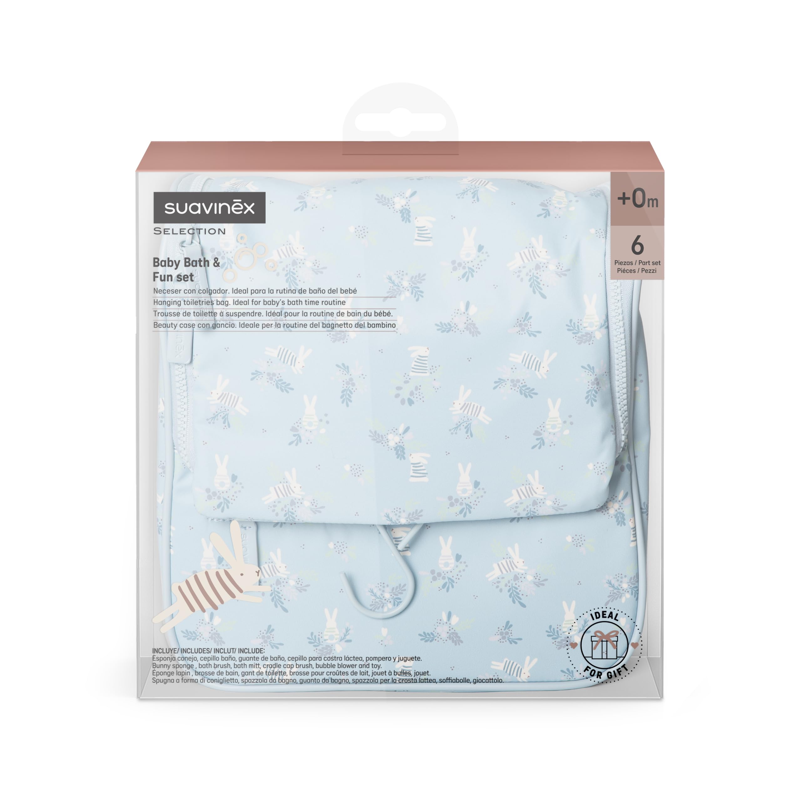 Suavinex, Kit Baño Bebé con Neceser, Set Higiene Recién Nacido, Azul | Con: Esponja + Cepillos + Guante Baño + Pompero + Juguete. Con Bolsillos, Cremalleras, Espejo y Colgador, Gran Capacidad
