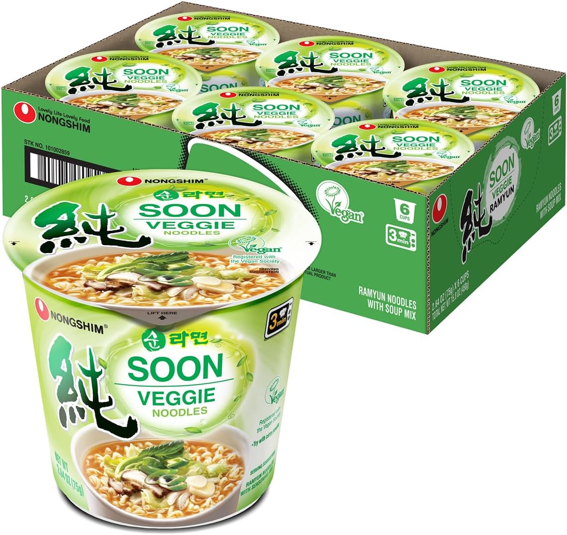 Nongshim Soon Cup Noodle Soup, Veggie, 2.6 Ounce (Pack of 6)