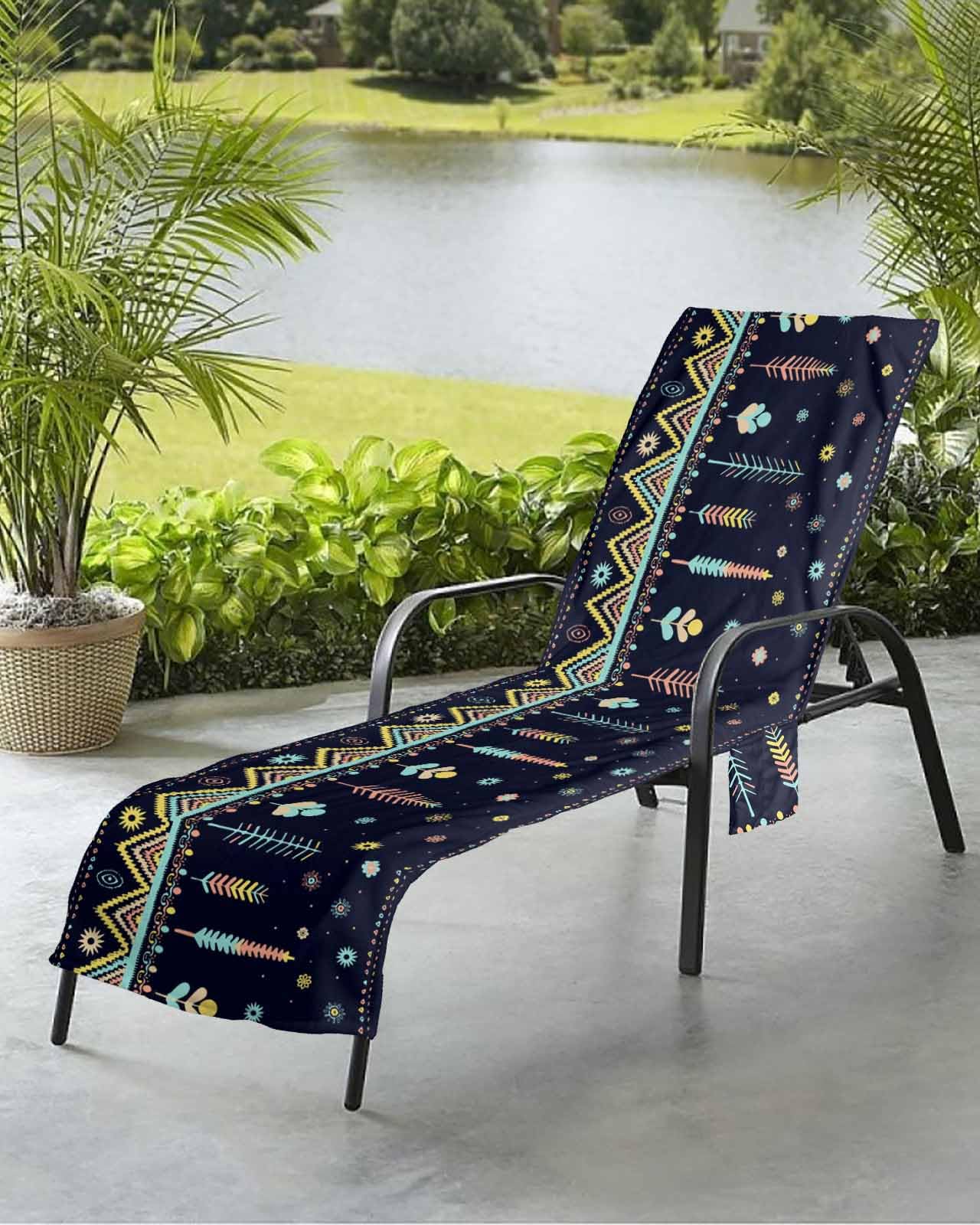 Beach Pool Patio Lounge Chaise Chair Cover Towel with Pockets,Boho Floral Absorbent & Quick Dry Microfiber Towel Cover Bag Summer Travel Accessories BlackBotanical Blue Aztec Tribal Ethnic Bohemian
