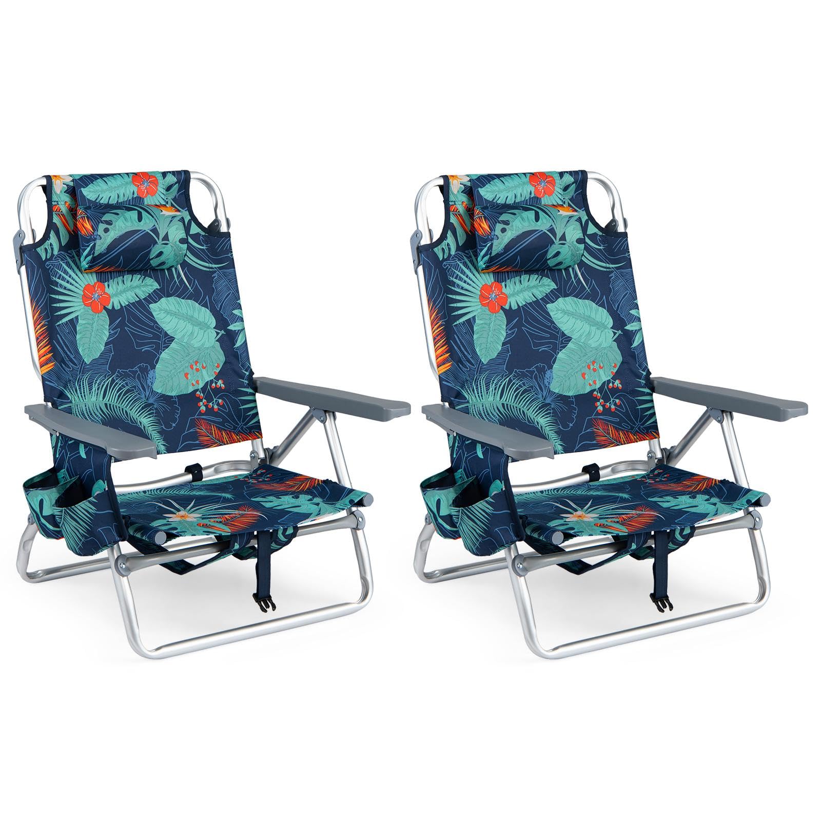 GIANTEX Folding Beach Chair, Patio Sling Chairs with 5 Adjustable Position, Head Pillow, Storage Bag, Towel Bar, Cup Holders, Backpack Chairs for Sunbathing, Camping Chair