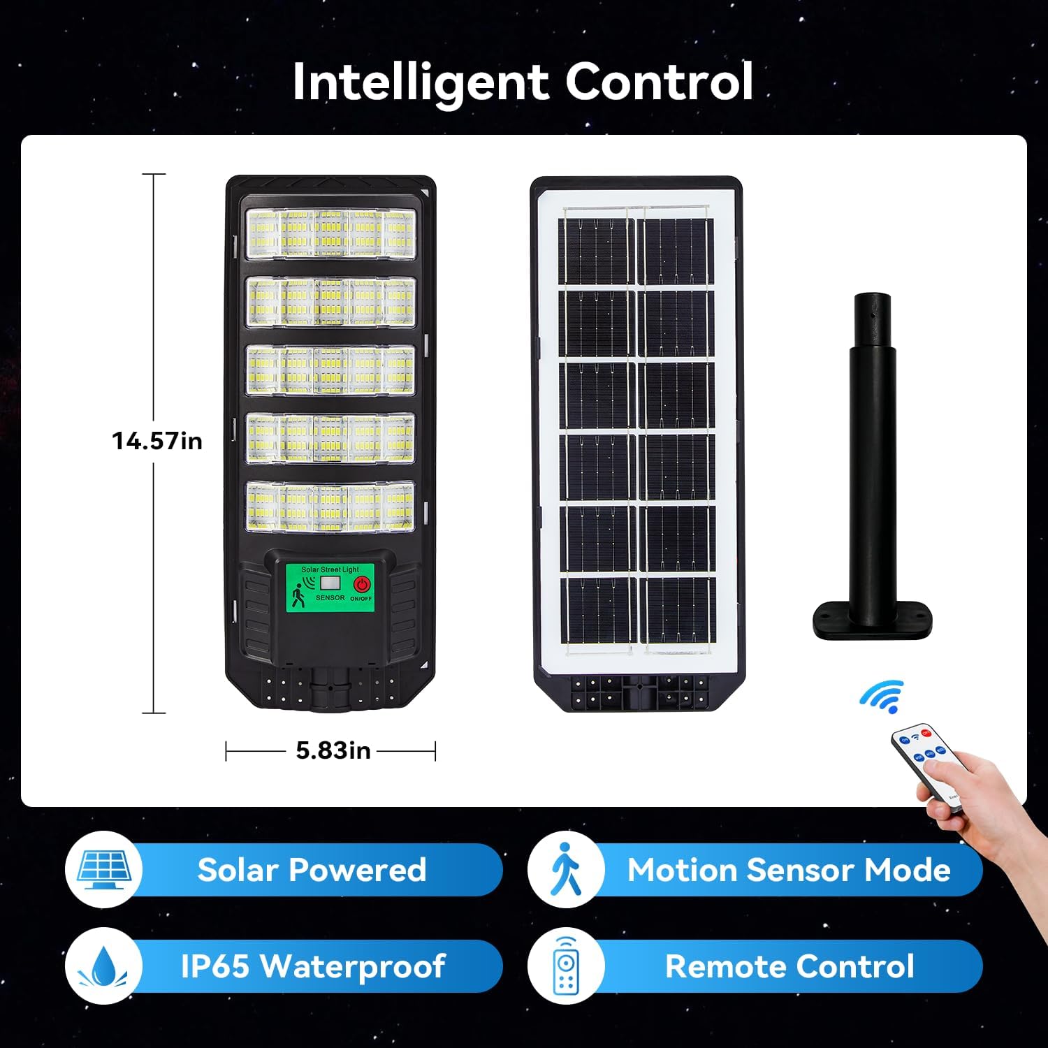 Solar Street Lights Outdoor, 6500K LED Solar Powered Flood Lights with Motion Sensor & Remote, Dusk to Dawn Security Light for Parking Lot Driveway Garden