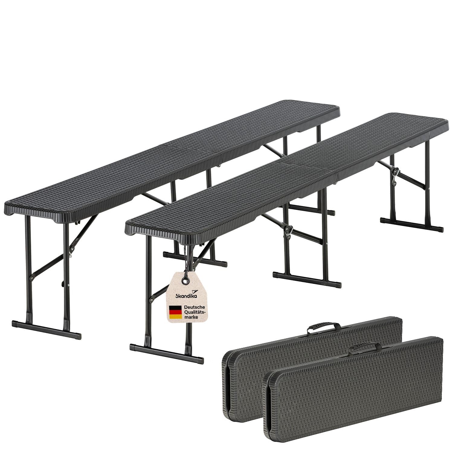 skandika MASI Mesa Plegable/Banco Plegable/Set de Mesa y Bancos | Banco hasta 300 kg, Mesa de jardín hasta 200 kg de Carga, Material Reciclado, Resistente a la Intemperie (2X Bancos Negro)