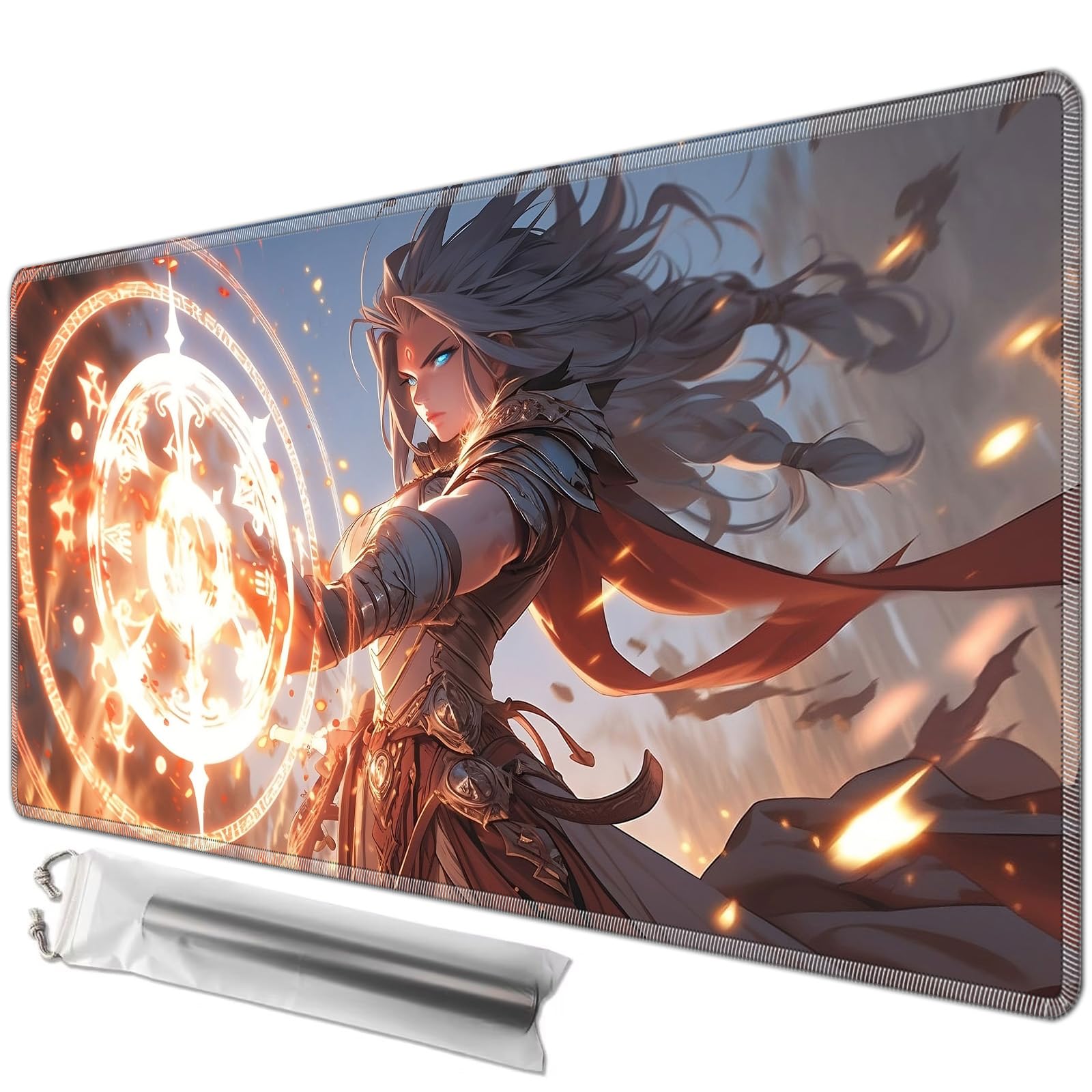 JANENFNA TCG Card Playmat 27.5" x 15.7" with Storage Bags for MTG Game Play Mats, Premium Stitched Non-Slip Rubber Tabletop Magic Play Mats Desk Duel Card Breaking Mats, Fantasy Magical Warrior โ image 1