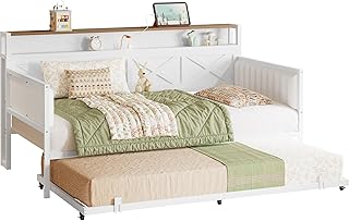 IRONCK Daybed with Trundle, Sturdy Metal Twin Bed Frame with X-Shaped Frame, Upholstered Farmhouse Daybed with Charging Station for Living Room, Bedroom, and Guest Room, White/Walnut