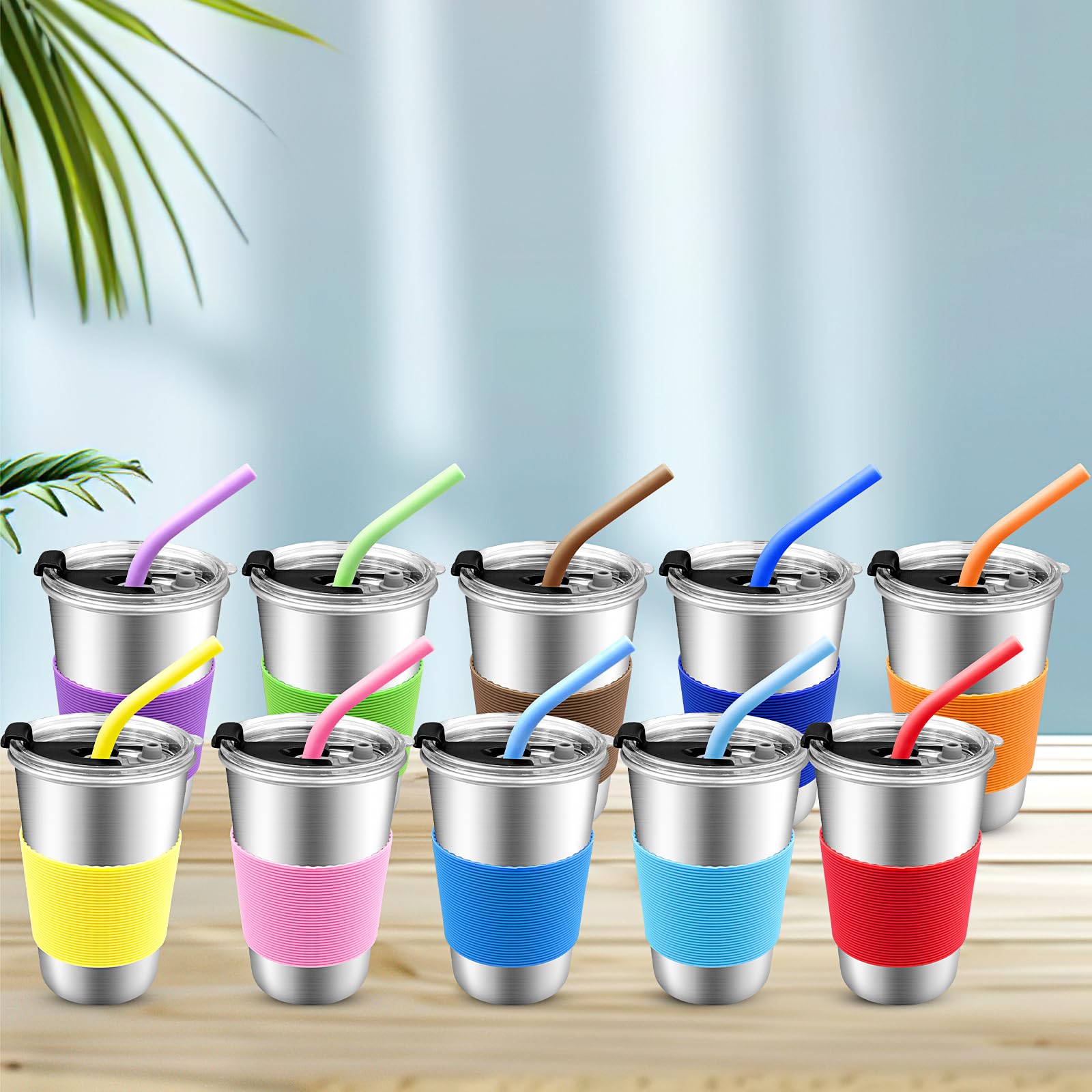 10 Stück Edelstahl Trinkbecher mit Deckel und Silikonstrohhalmen, 500 ml Kinder Edelstahl Trinkbecher, Trinkbecher mit Deckel für Schulanfang, Alltag, Büro und Zuhause