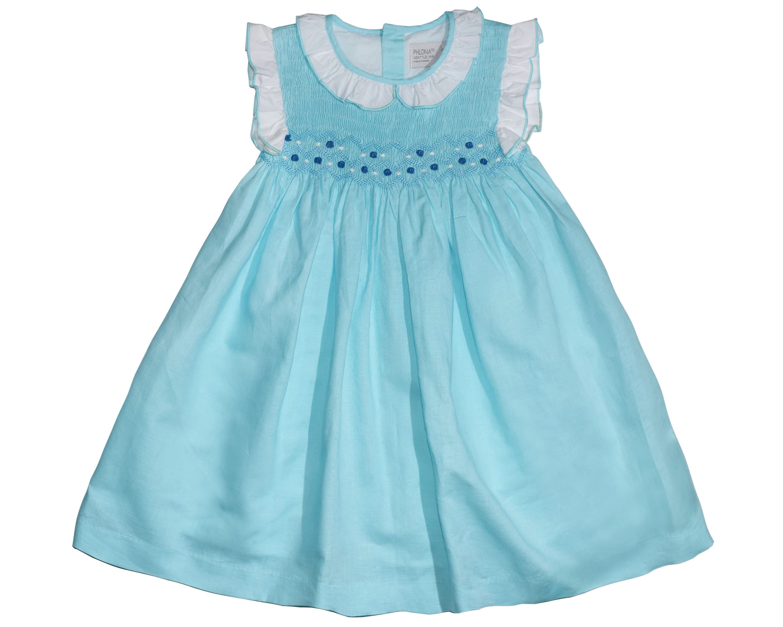 Toddler Blue Linen Hand Smocked Dress Babydoll Dress - Infant