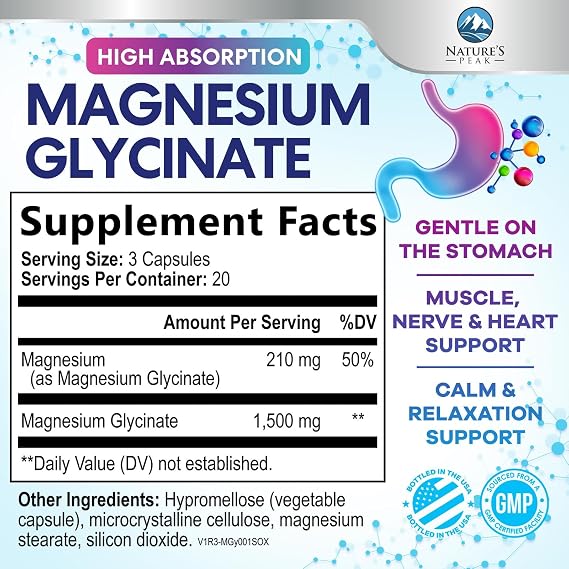 Magnesium Glycinate Supplement - 100% Chelated & Purified - for Calm, Sleep Support, Heart Health, Muscles & Bone Strength - Best Absorption Magnesium Glycinate Capsules, Bottled in USA - 60 Tablets