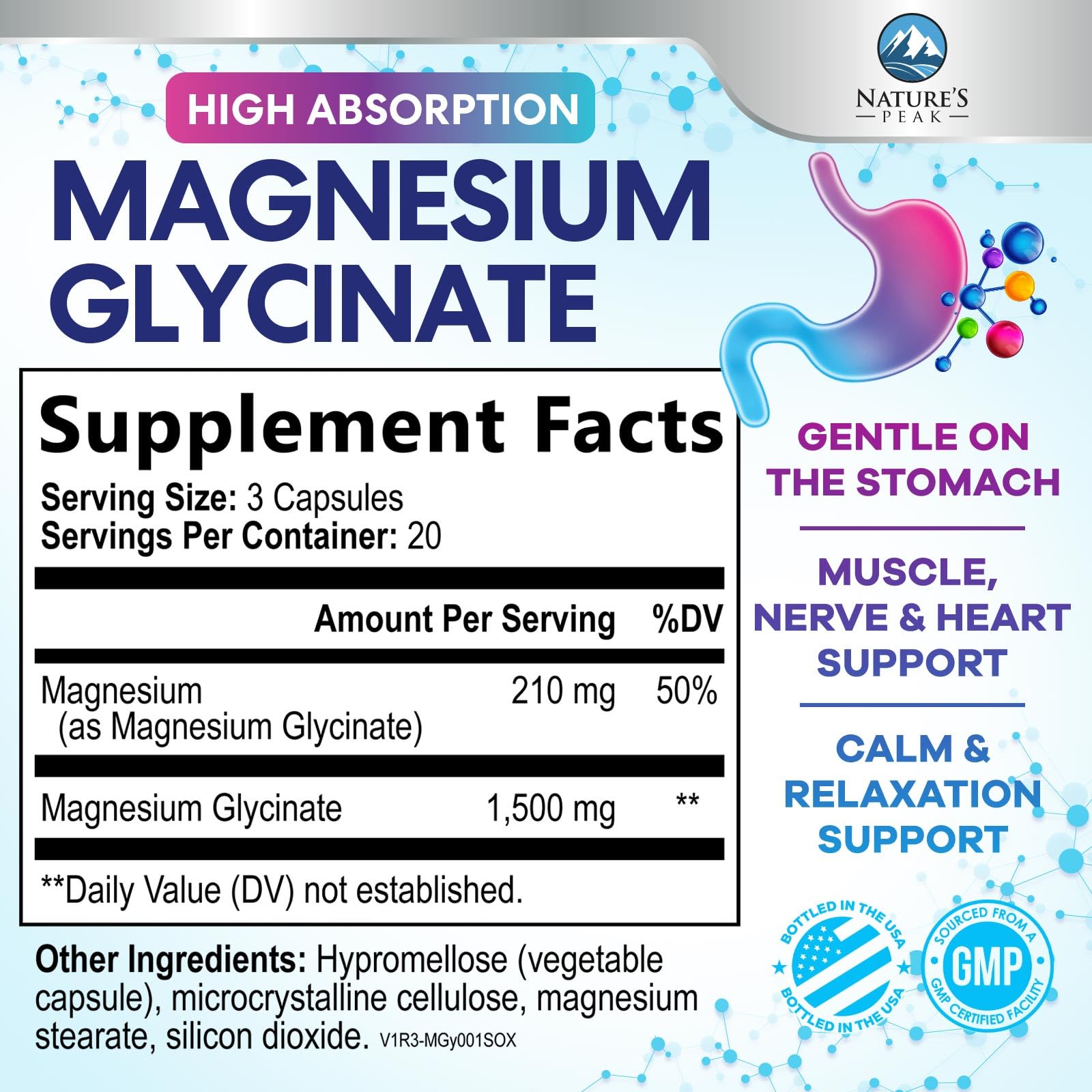 Magnesium Glycinate Supplement - 100% Chelated & Purified - for Calm, Sleep Support, Heart Health, Muscles & Bone Strength - Best Absorption Magnesium Glycinate Capsules, Bottled in USA - 60 Tablets — Amazon image 2
