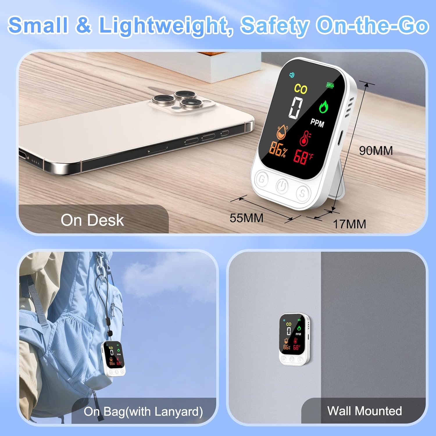 Portable Carbon Monoxide Detectors, 3-in-1 CO Detector – Mini CO, Temp & Humidity Sensor with 85 dB Alarm, Fold-Out Kickstand & Lanyard, Ultra-Low-Power Plug-Free Safety for Home, RV, Camp or Hotel - Image 5
