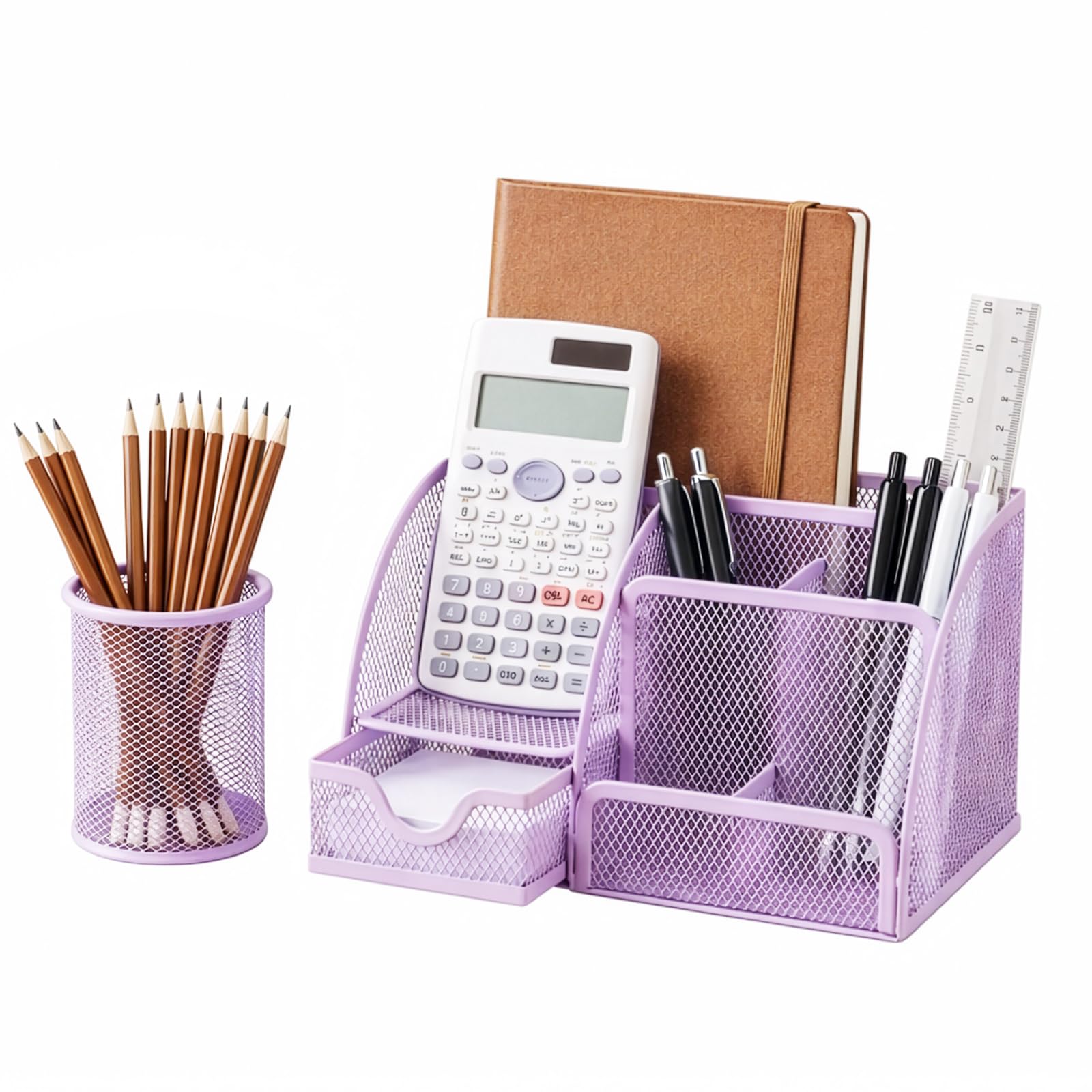 GREENSAPPIRE Mesh Desk Organizer with 7 Compartments and Drawer, Multifunctional Desk Tidy Caddy for Office, Home, School, Pen, Pencil, Candy & Supplies Holder, Desktop Organizer for Desktop (Purple)