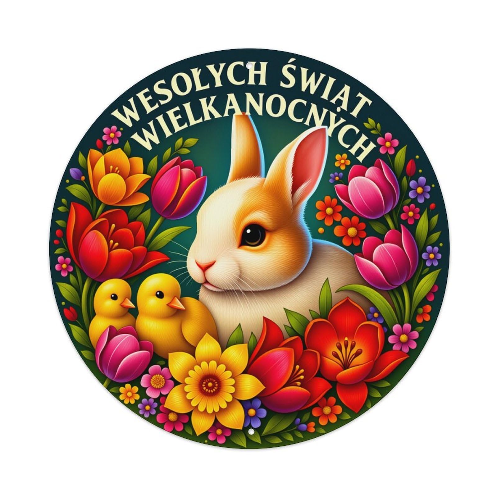 Easter Bunny Flowers Chicks Spring Round Tin Sign Vintage Style Metal Sign Home Bar Garden Wall Plaque Decor Metal Poster 8x8 Inch
