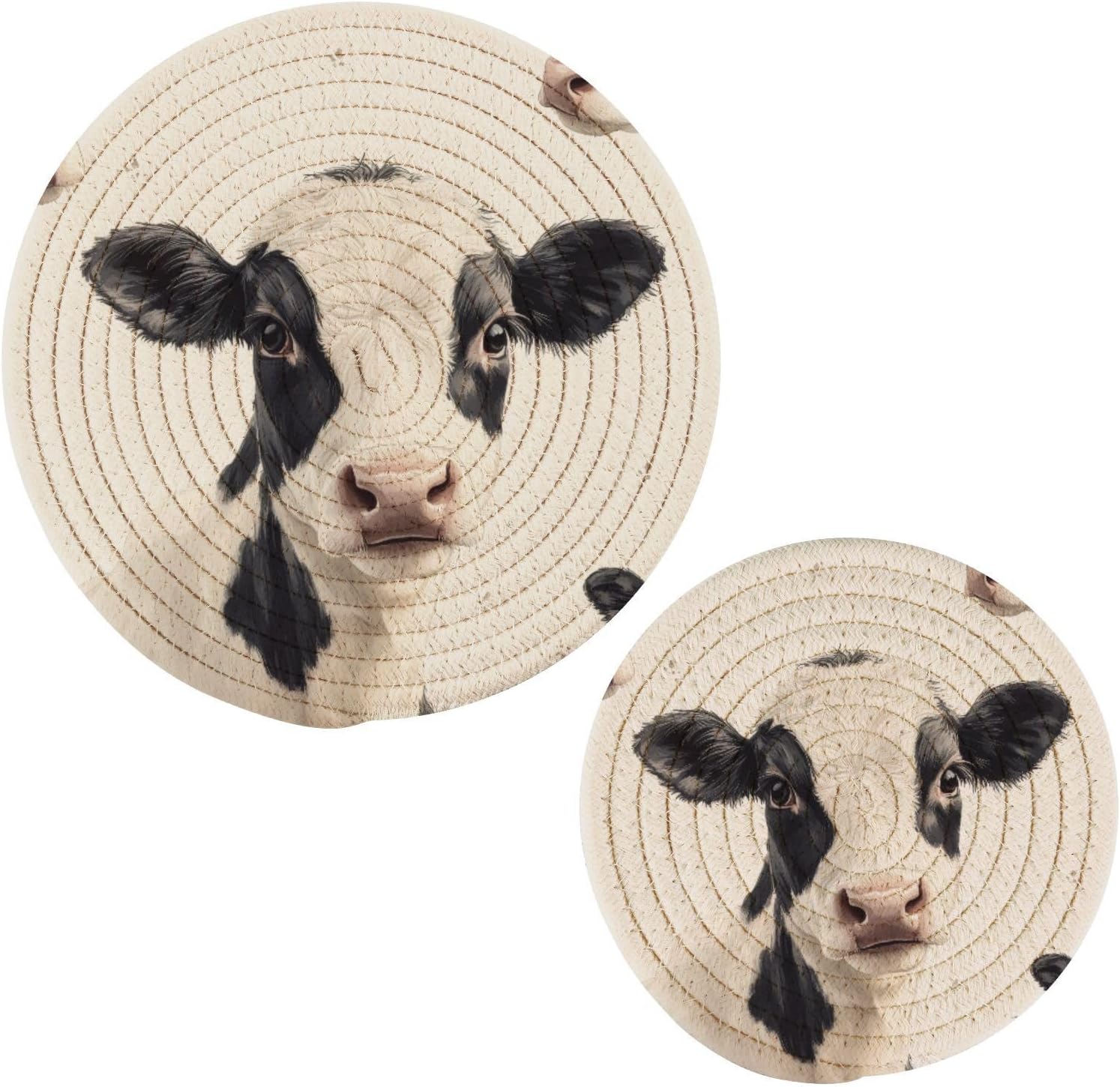 Cow Trivets for Hot Dishes, Hot Pots and Pans, Cotton Woven Pot Holders for Kitchen Countertops, Table, 2 Pcs Heat Resistant Hot Pads, 7"+9.5"