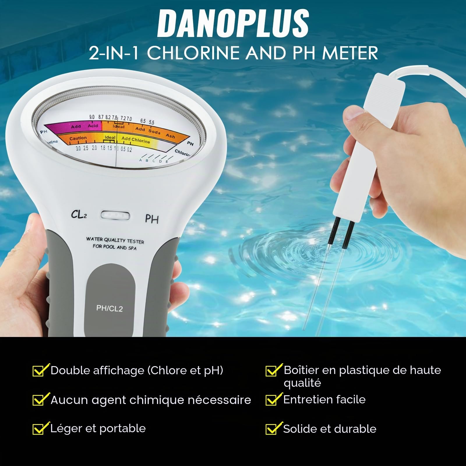 Portable Eau Qualité Analyse Chlore & PH Mètre Nager Bassin Testeur Surveillance Analyseur