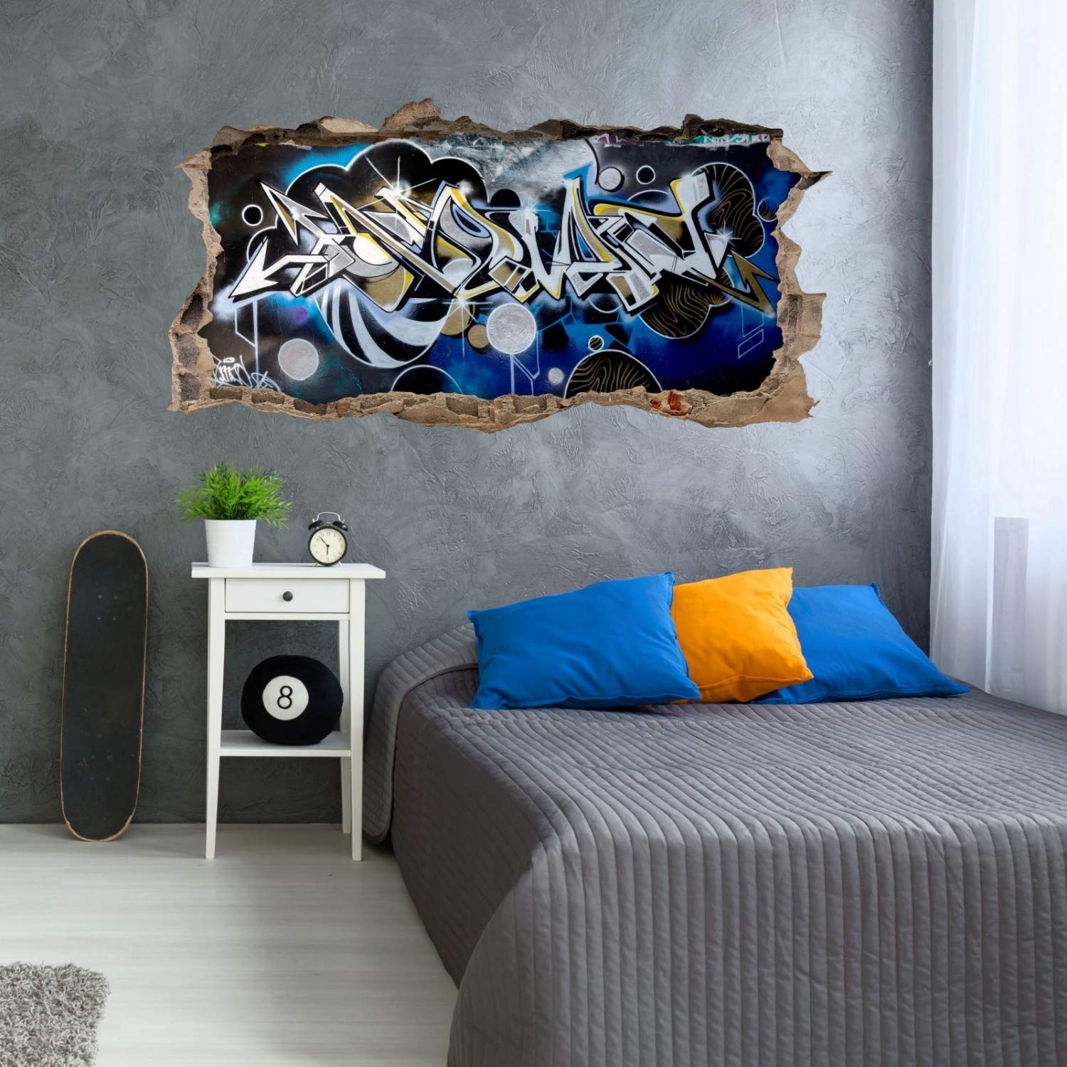 nikima - Adesivo da parete per bambini, motivo graffiti, blu, grigio, foro nella parete, 6 misure, decorazione da parete, per adolescenti, dimensioni 2000 x 1000 mm