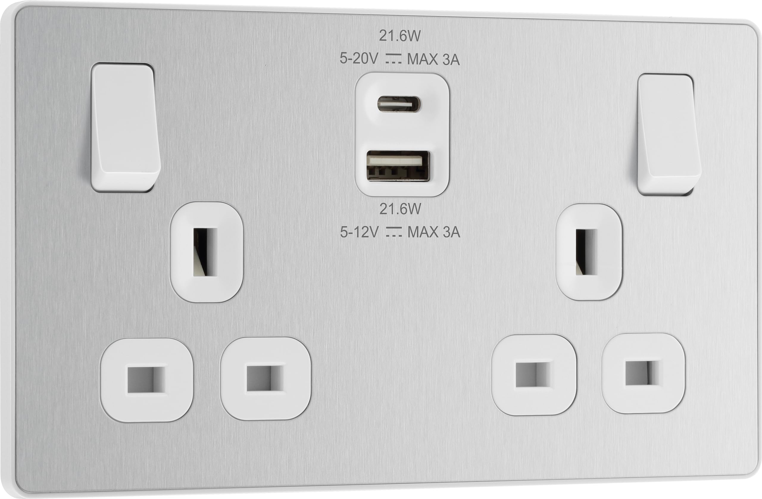 BG Electrical 22W Double Switched Power Wall Plug Socket with Fast Charge Type A and Type C USB Charging Ports, Evolve, Brushed Steel, 13A, PCDBS22UAC22W