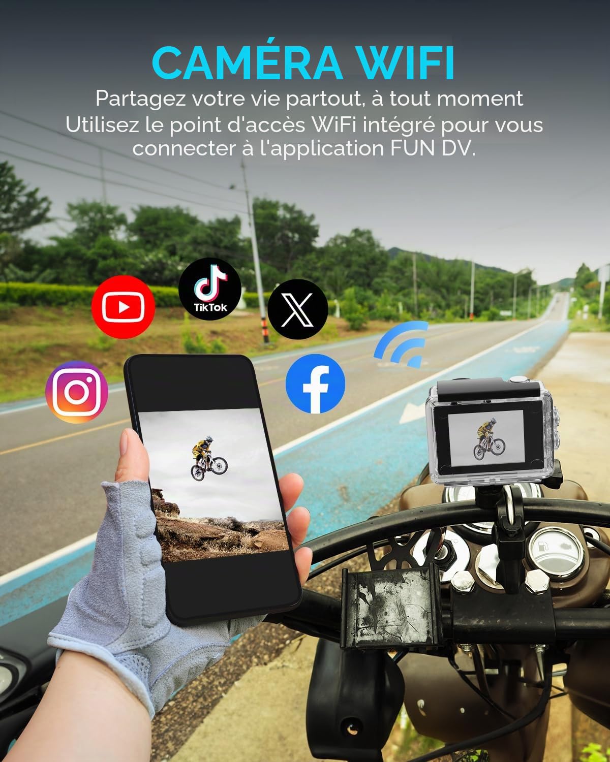 Caméra d'action 4K30fps avec carte SD 64G, caméra HD étanche 40 m caméras sous-marines 20 MP pré-enregistrement WiFi caméra 170 ° télécommande caméras de sport avec 2 batteries kit d'accessoires pour