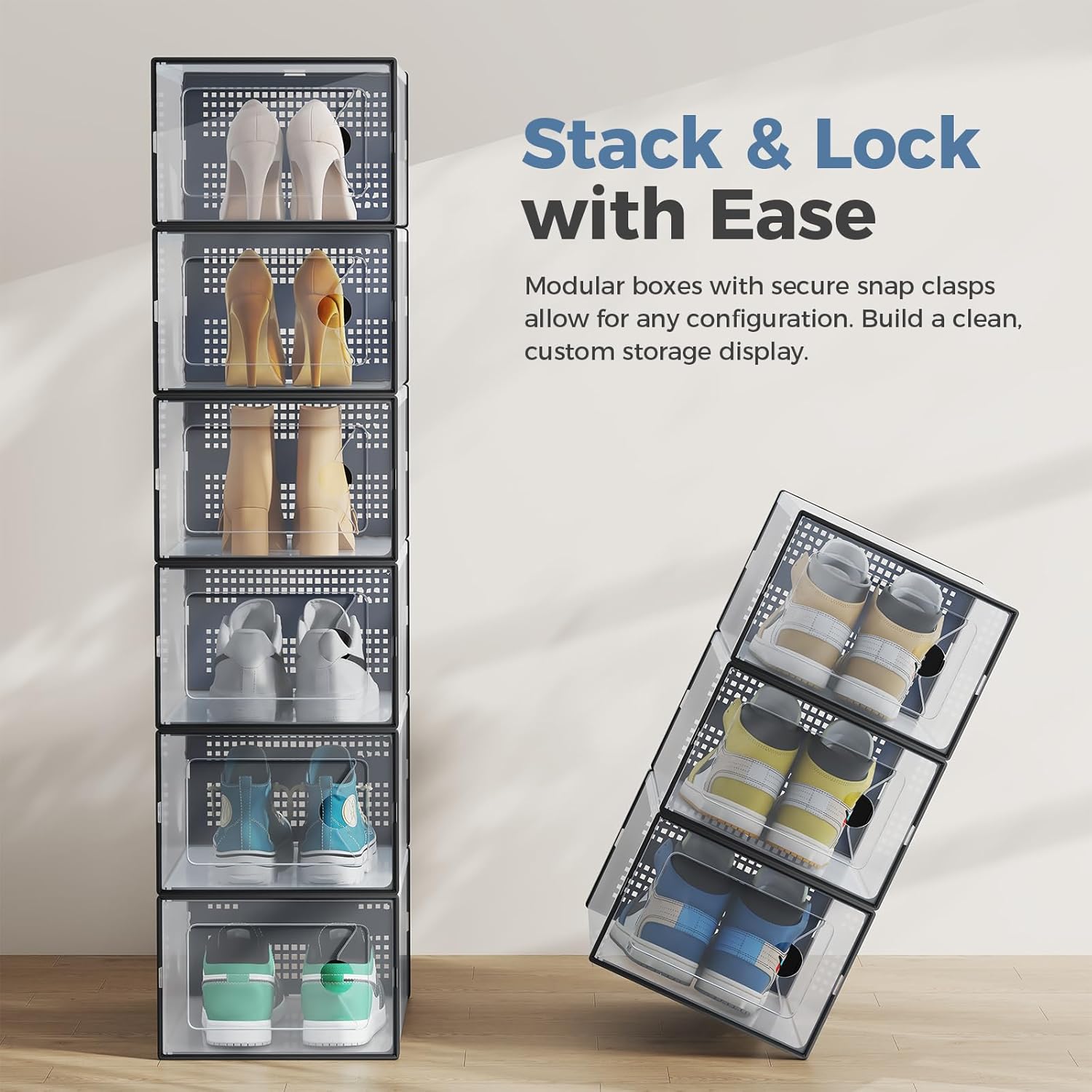 DUMOS Shoe Storage Boxes, 12-Pack Stackable Clear Shoe Containers with Lids, Display Sneaker Case Organizer for Closet, Under Bed, Entryway, Black (Fit Size 11)