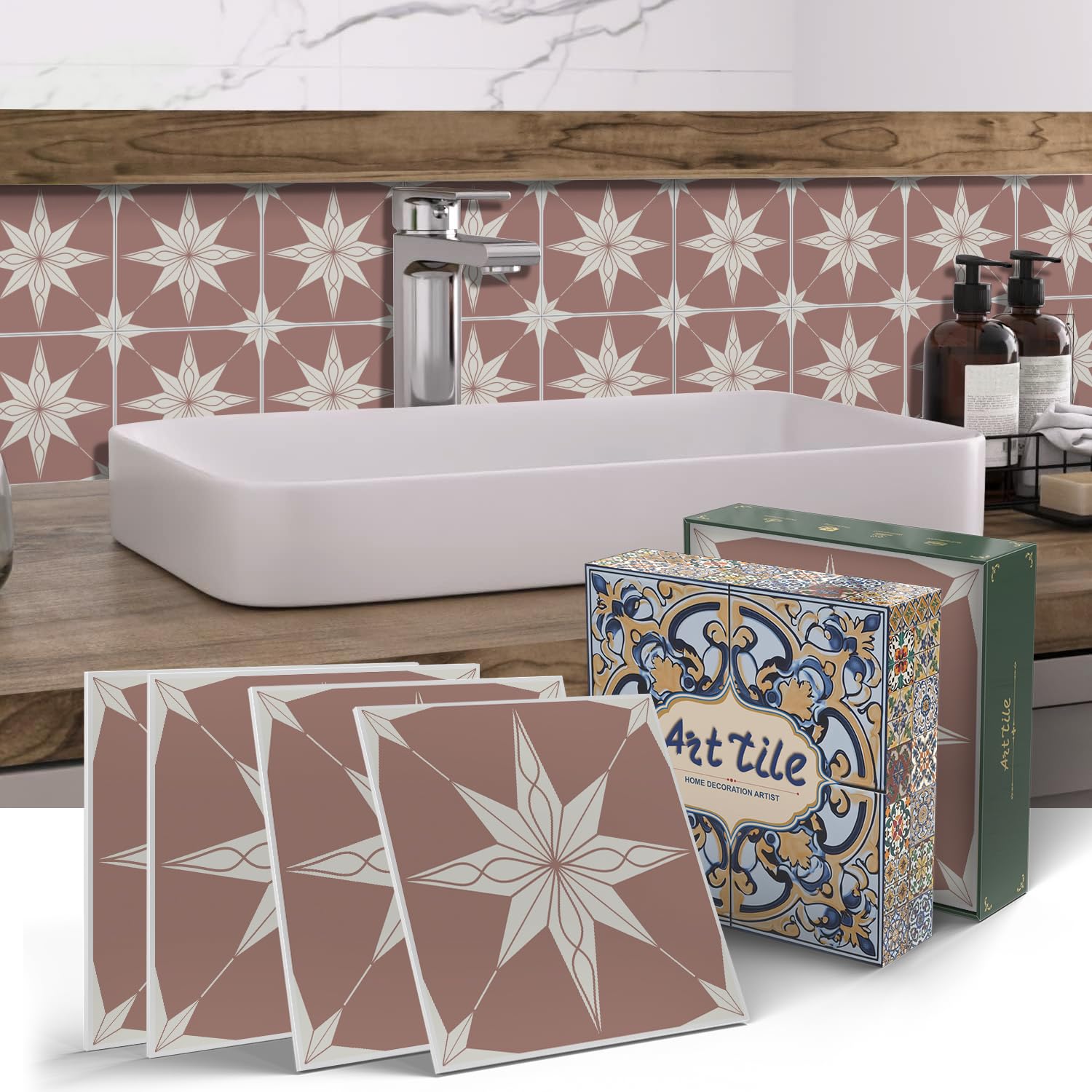 Alwayspon 12 Sheet 15x15cm Thicken Vinyl Wall Tile Sticker Transfers, Peel and Stick Self-Adhesive Waterproof Splashback Stick on Tile Decals for Kitchen Bathroom Wall, Pink