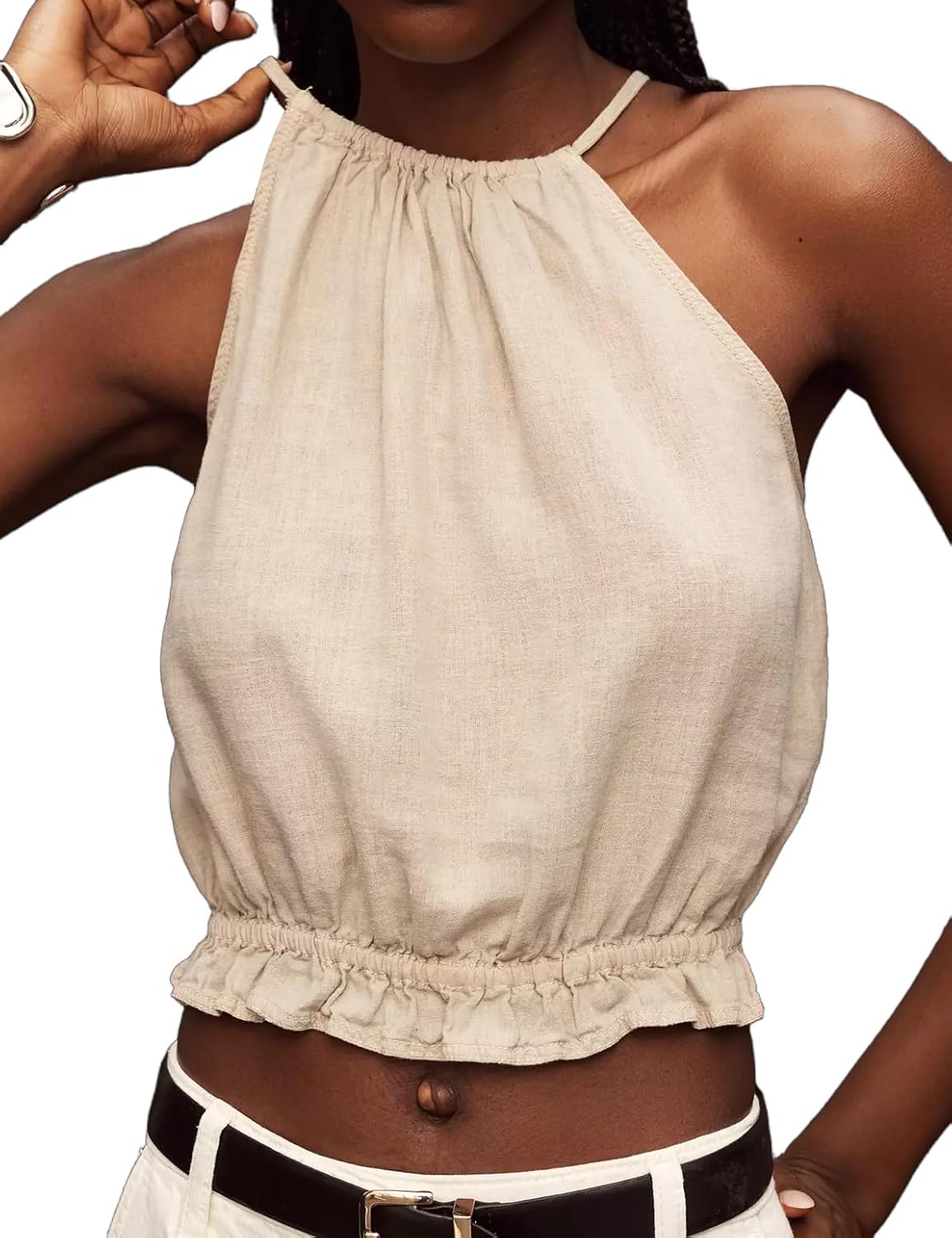 IDEALSANXUN Womens Crop Linen Halter Tops Summer High Neck Tank Tops Sleeveless Shirts