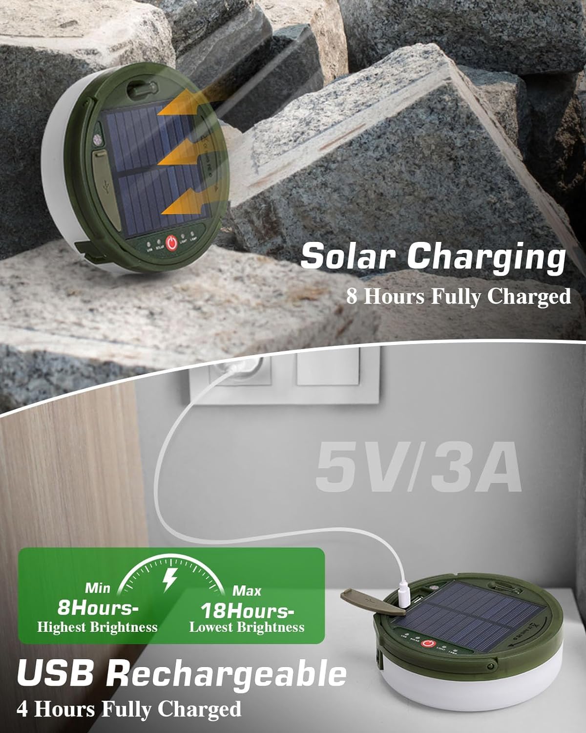 Outdoor solare impermeabile portatile retrattile stringa Light, 3 in 1 Camping String Light, 8 modalità di illuminazione (40 piedi) all'esterno, solare / USB lampada da tenda ricaricabile per