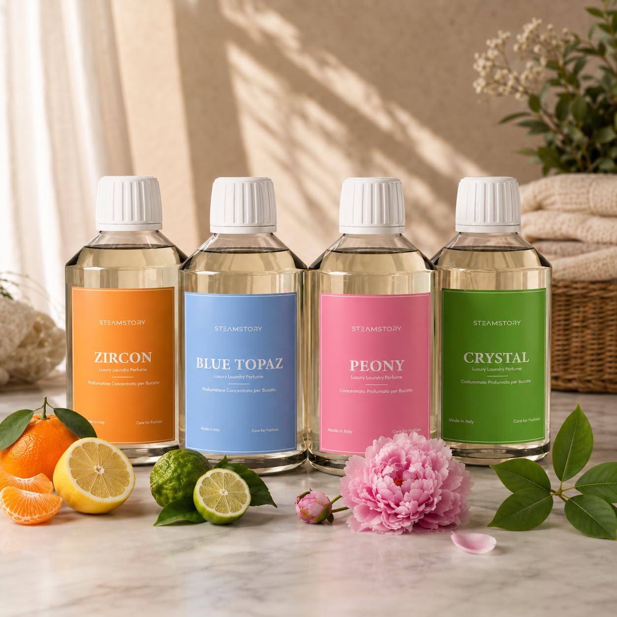 Lot de parfum de luxe pour linge - Parfum intense et fruité avec zircone, topaze bleue, pivoine et cristal - 4 x 250 ml