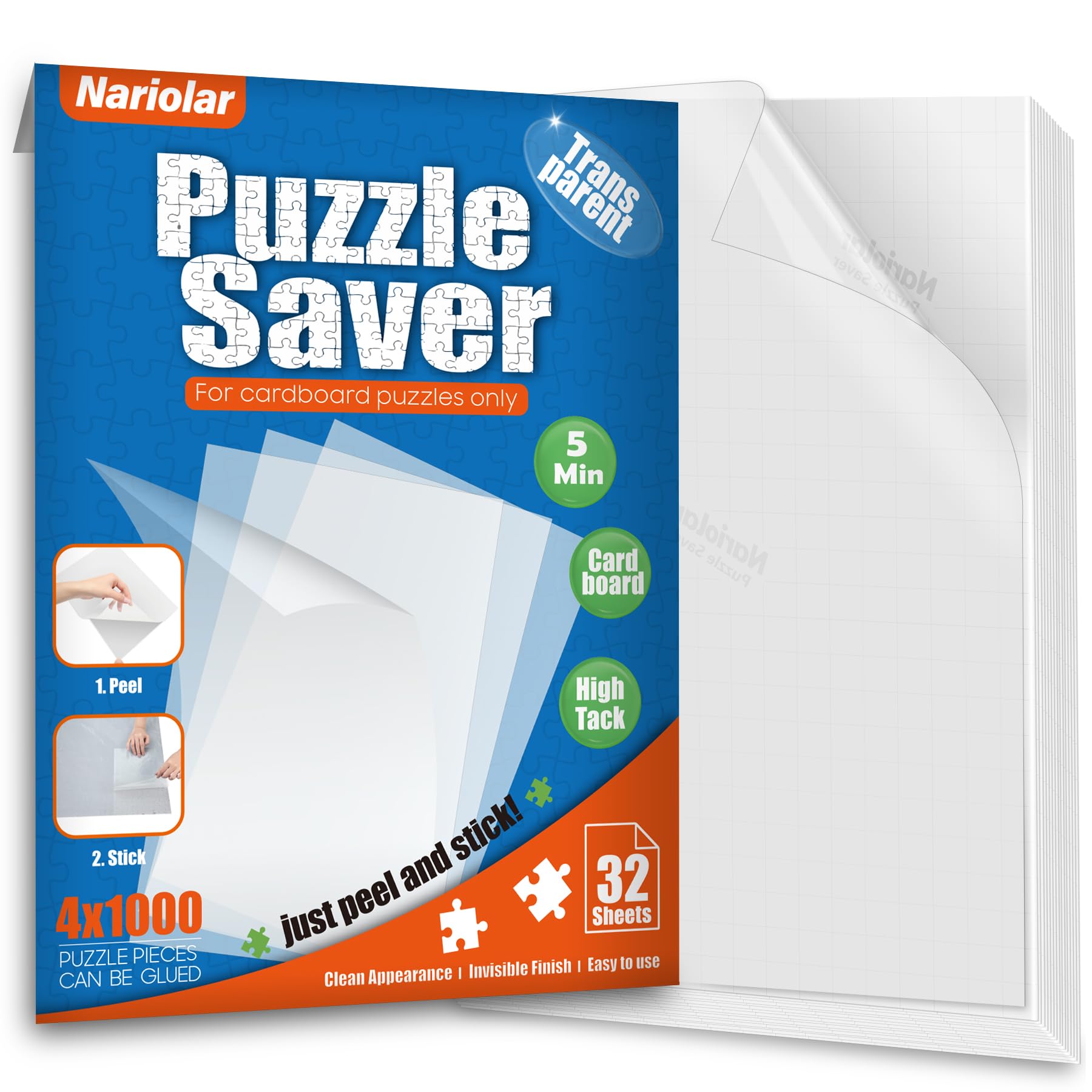 Nariolar Ultra-Adhesion Transparent Puzzle Glue Sheets, 32 Puzzle Saver Sheets Preserve Up to 4x1000 Pieces Jigsaws
