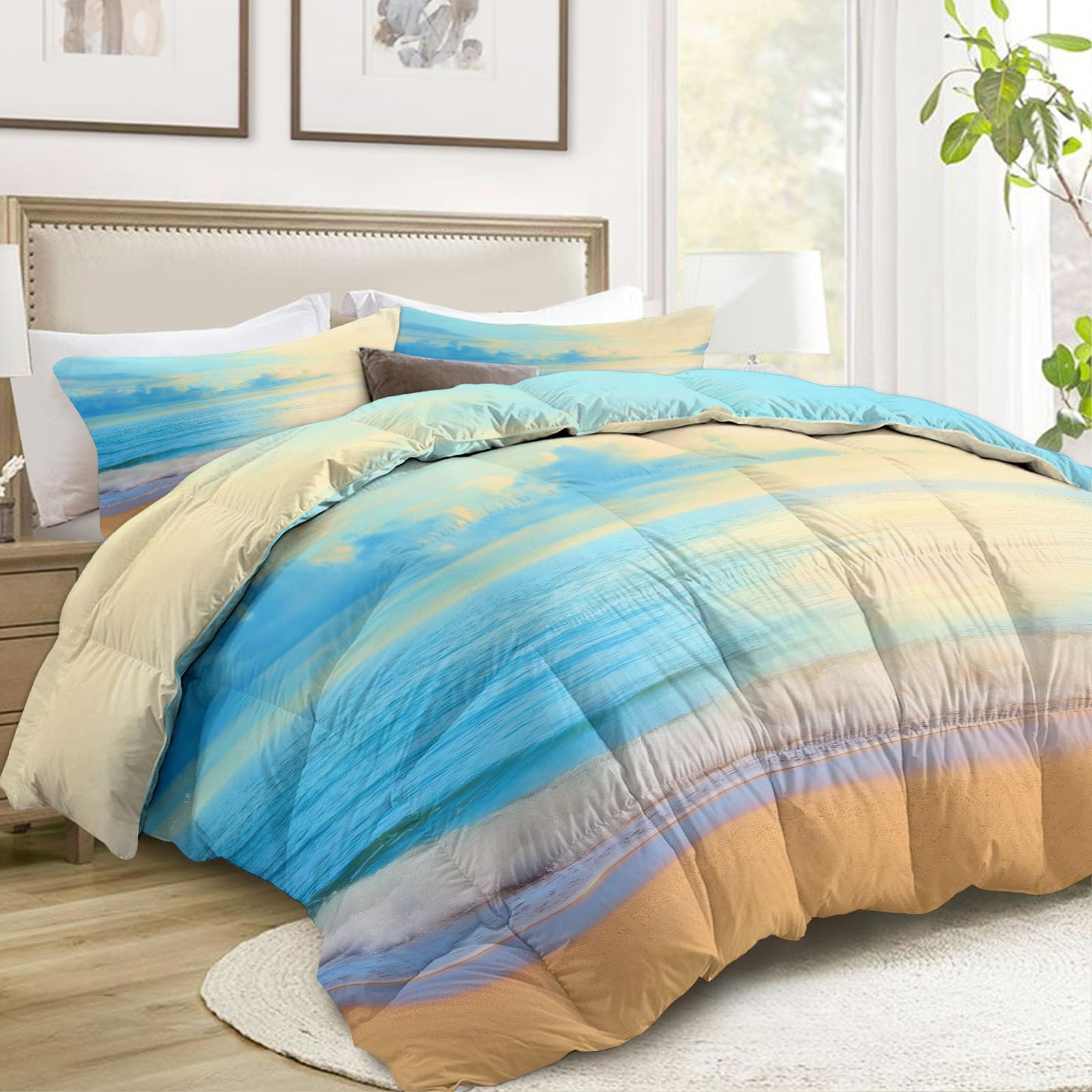 Spiaggia Onde dell'Oceano Tramonto Trapunta Trapunta 200 x 200 cm, Paesaggio Naturale Leggero Trapunta per Letto - Lavabile Calda Coperta 4 Stagioni Trapunta per Bambini Ragazze Ragazzi Adolescente