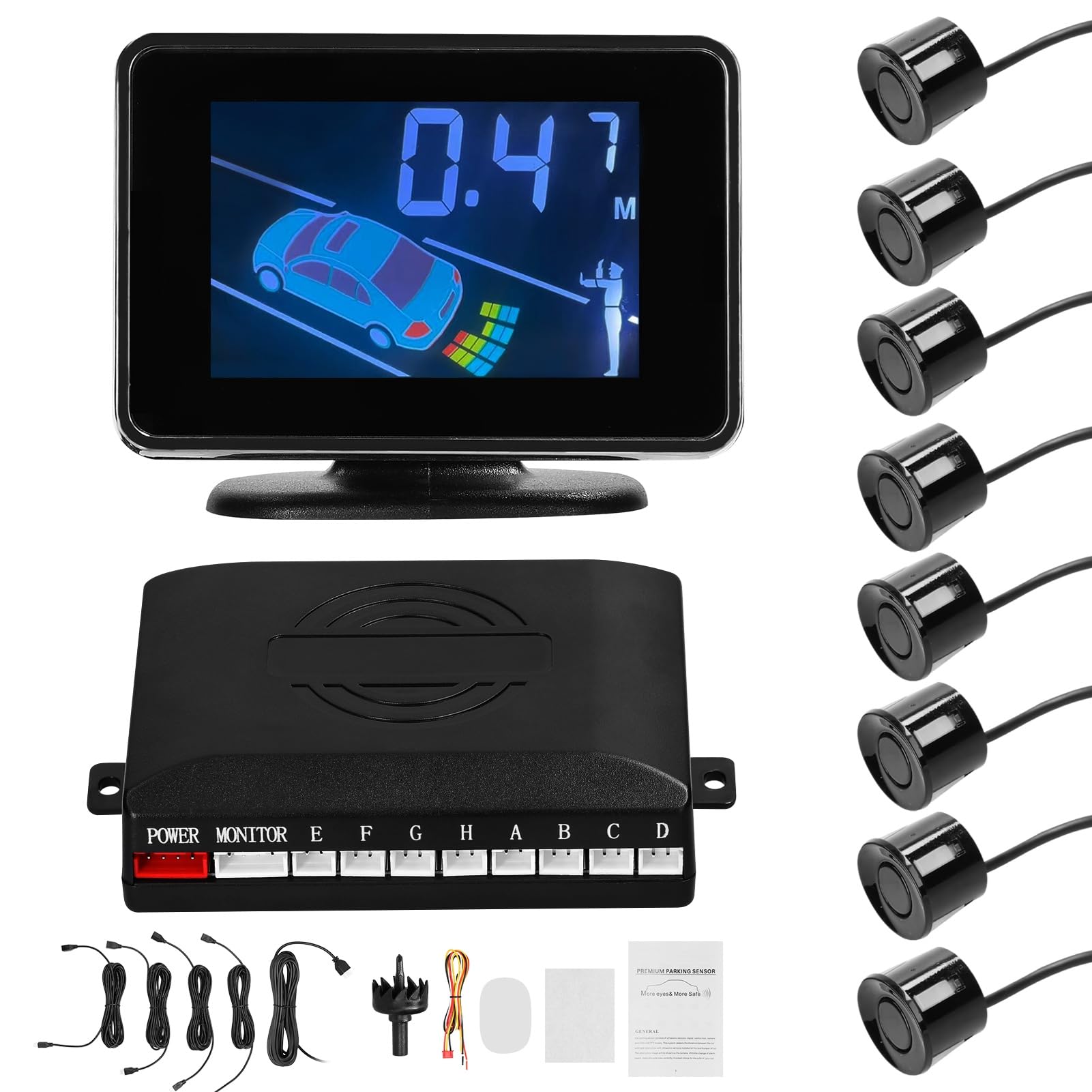 SIXRUN Sensore di Parcheggio per Auto, di Visualizzazione LCD, Sensori di Retromarcia Ultrasensibili per Auto con Supporto per 8 Sensori e Volumi Regolabili per Un Facile Parcheggio (Black)