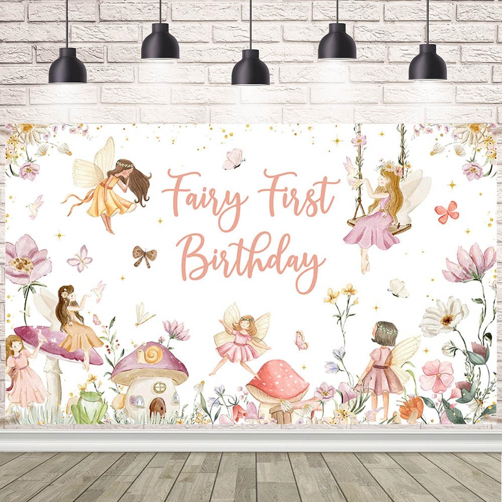 AIBIIN Fairy First Birthday Banner for Girls Pink Gold Glitter Floral Fairy One Year Old Backdrop Butterfly Flowers 1st Birthday Banner for Baby Girl First Bday Party Decoration 70.8x43.3inch