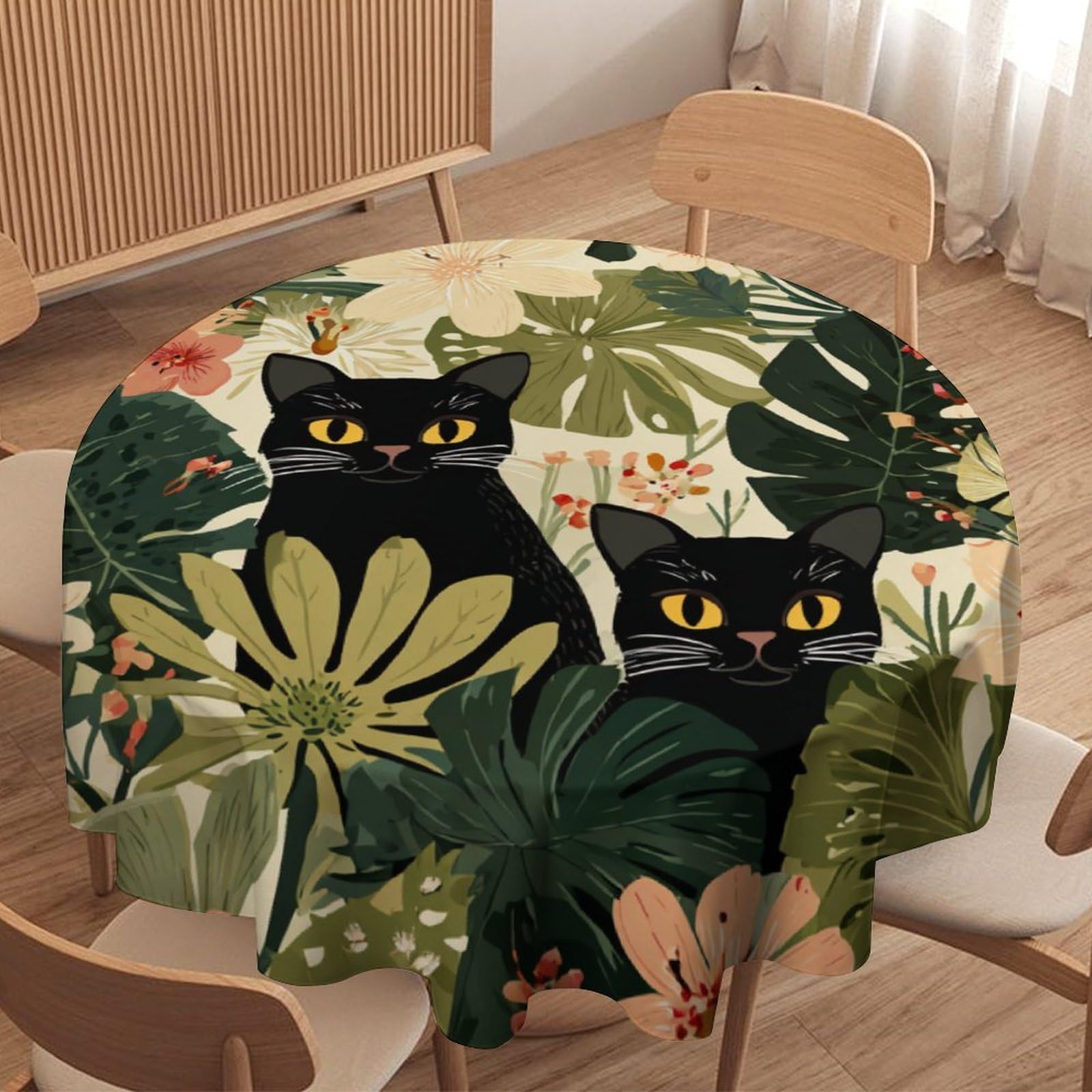 LUYYSKY Cute Cartoon Black Cats Round Tablecloth Funny Vintage Animals Kittens Plants Flowers Palm Leaves Pattern Washable Decor for Table Cover for Kitchen-60 Wx60 L