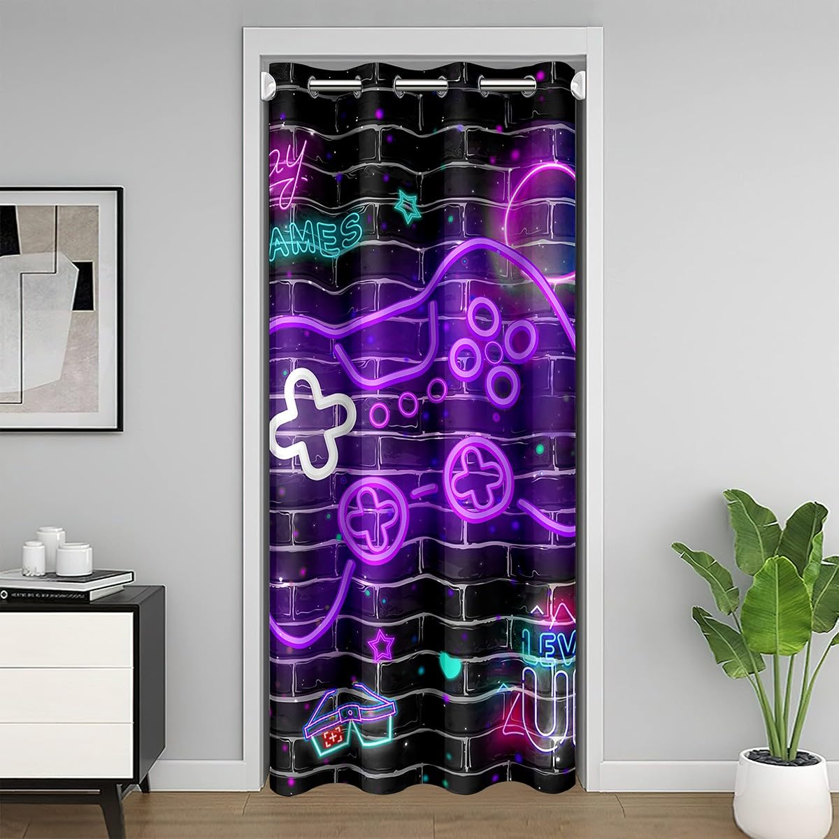 Gamepad Door Curtain 1 Panel,60"W X 80"L,Neon Purple Video Games Controller Door Drape for Closet Door Living Room Decor,Rustic Farmhouse Brick Wall
