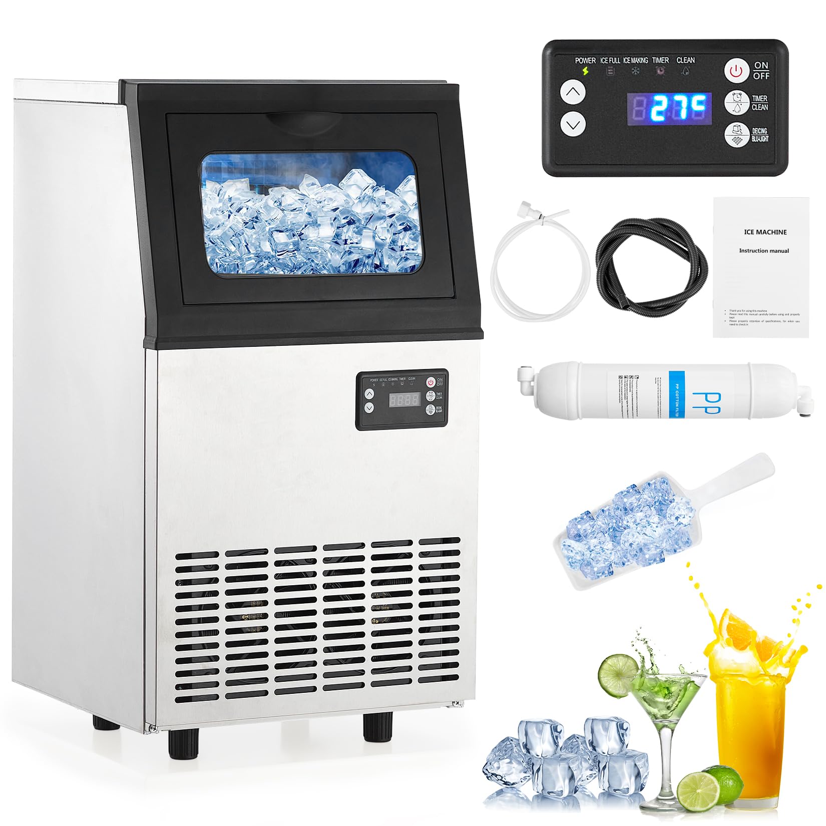 Commercial Ice Maker Machine, 110LBS/24H with 18LBS Ice Storage Bin and Water Filtration System, Includes Scoops, Ideal for Home, Restaurant, Coffee Shop, Bar