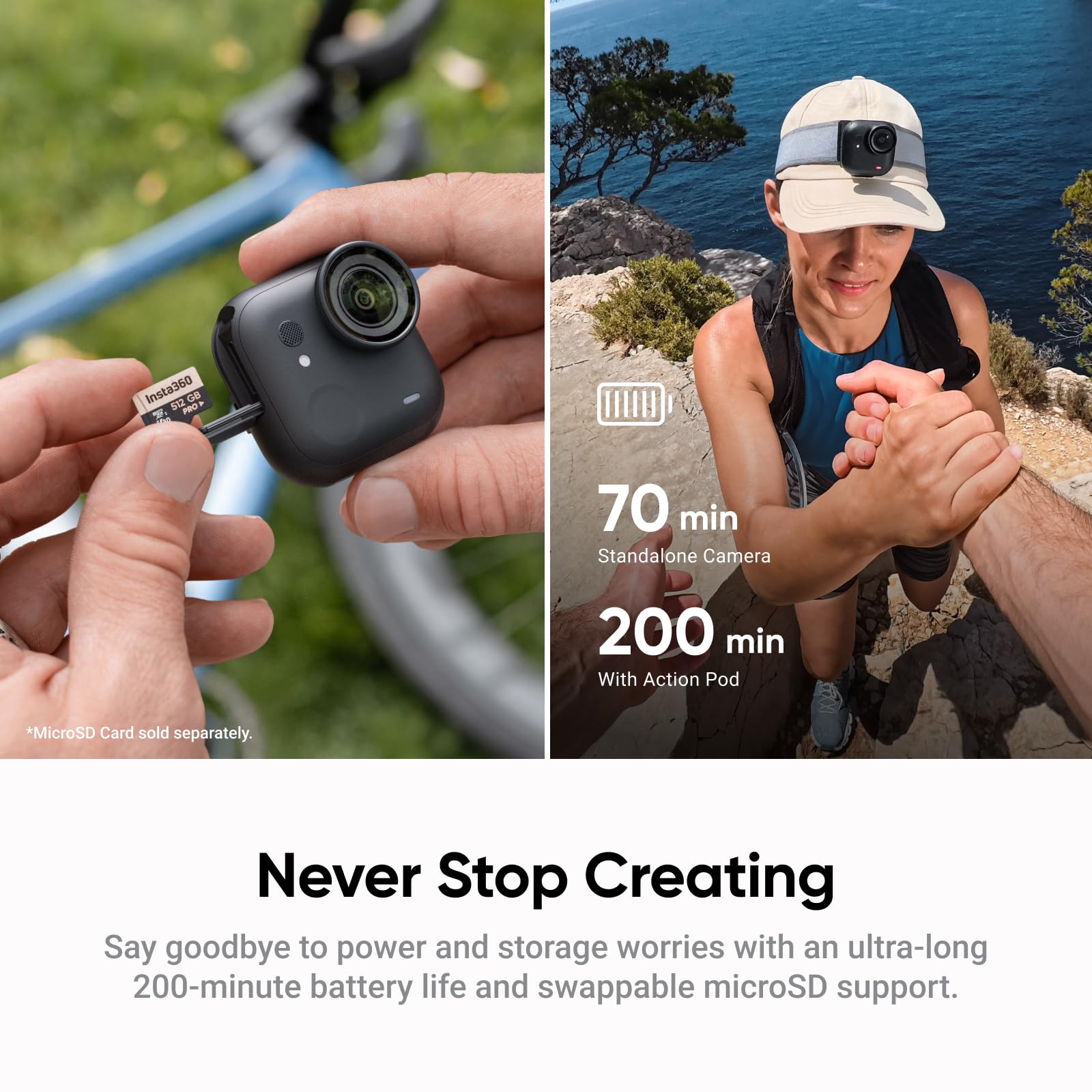 Insta360 GO Ultra Standard Bundle Midnight Black – mała kamera 4K, lekka i przenośna, doskonałość przy słabym oświetleniu, montaż w dowolnym miejscu, stabilizacja FlowState, żywotność baterii 200 min
