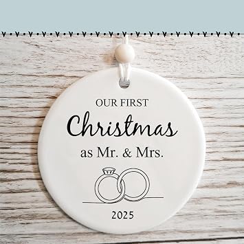 Newly Wedding Gift for Couple Unique, Our First Christmas Married Ornament 2025, 1st Xmas as Mr and Mrs Ornaments, Newlywed Marriage Gift, Bridal Shower Gift for Bride to be, Ceramic, 2.83"