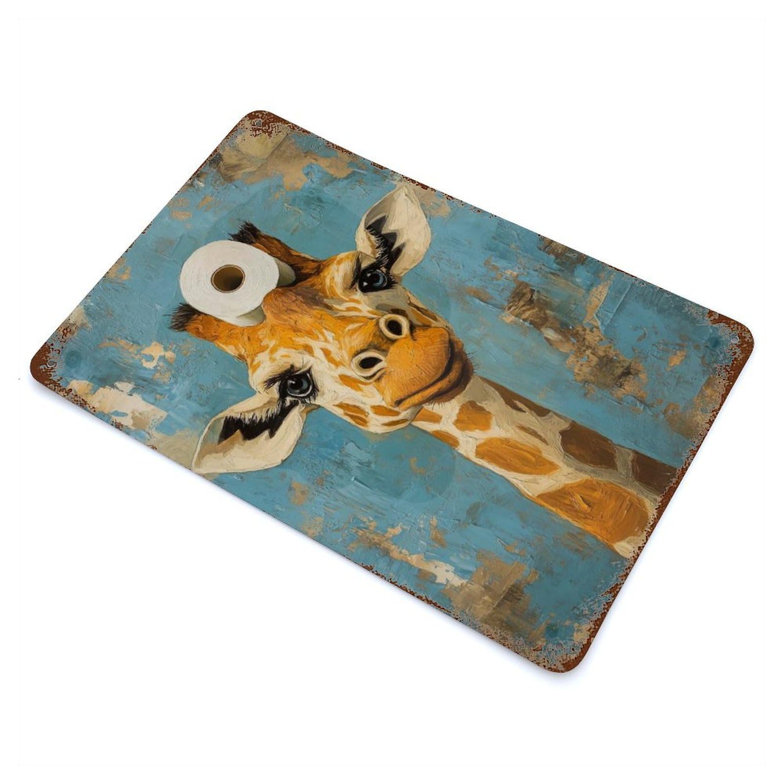 Retro Metal Sign with Giraffe with Toilet Paper Design 11.8"x7.9", for Office, Studio And Wall Decor, Retro Wall Decor