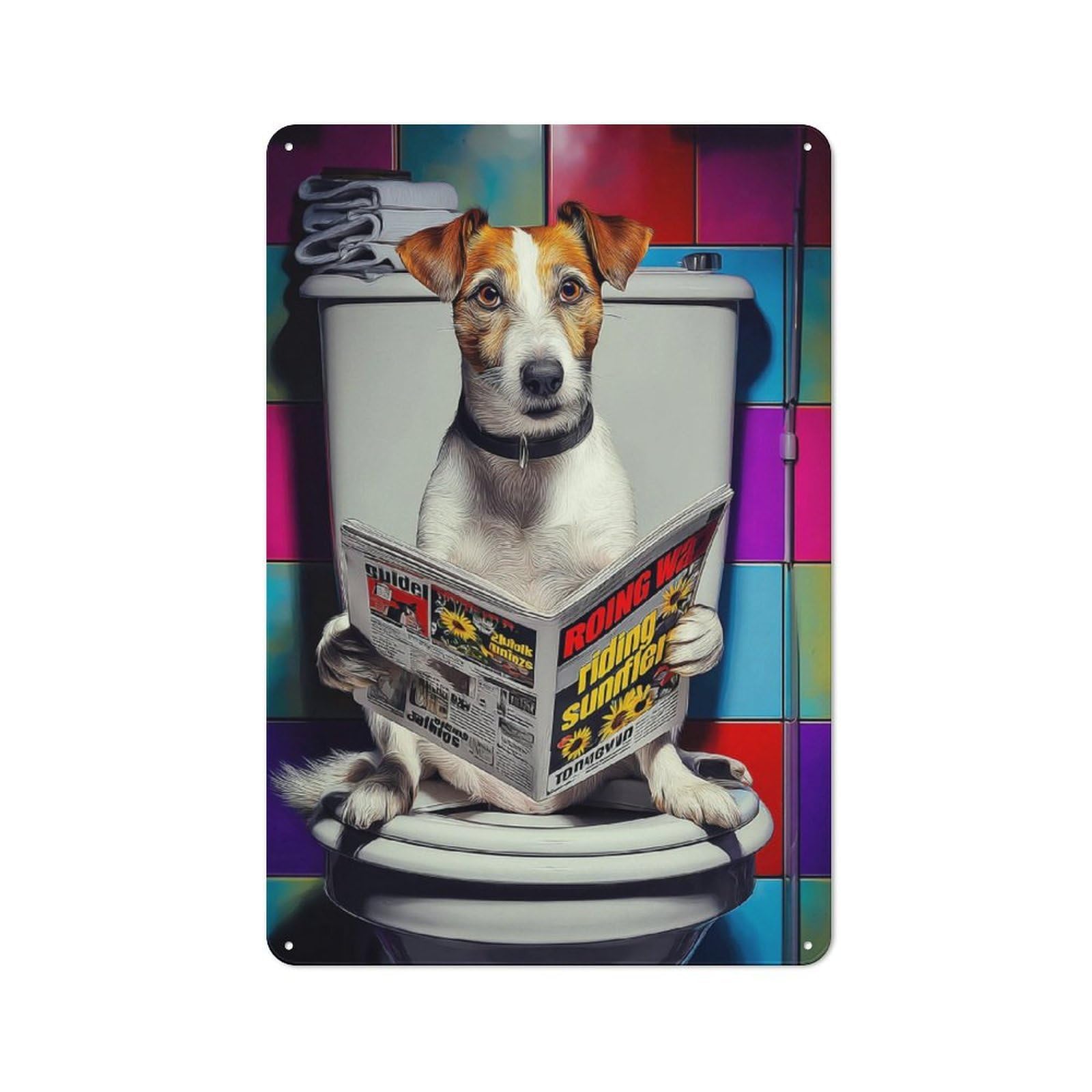 Junmoney Dog Reading Newspaper On Toilet-27 Simple Retro Metal Wall Plaque 30X20cm, Creative Space Decor For Office, Study, Studio Or Hallway