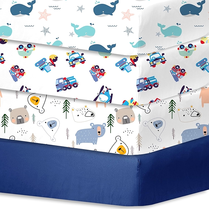 男孩婴儿床单四件套，适用于标准婴儿床和幼儿床垫，超柔软透气设计