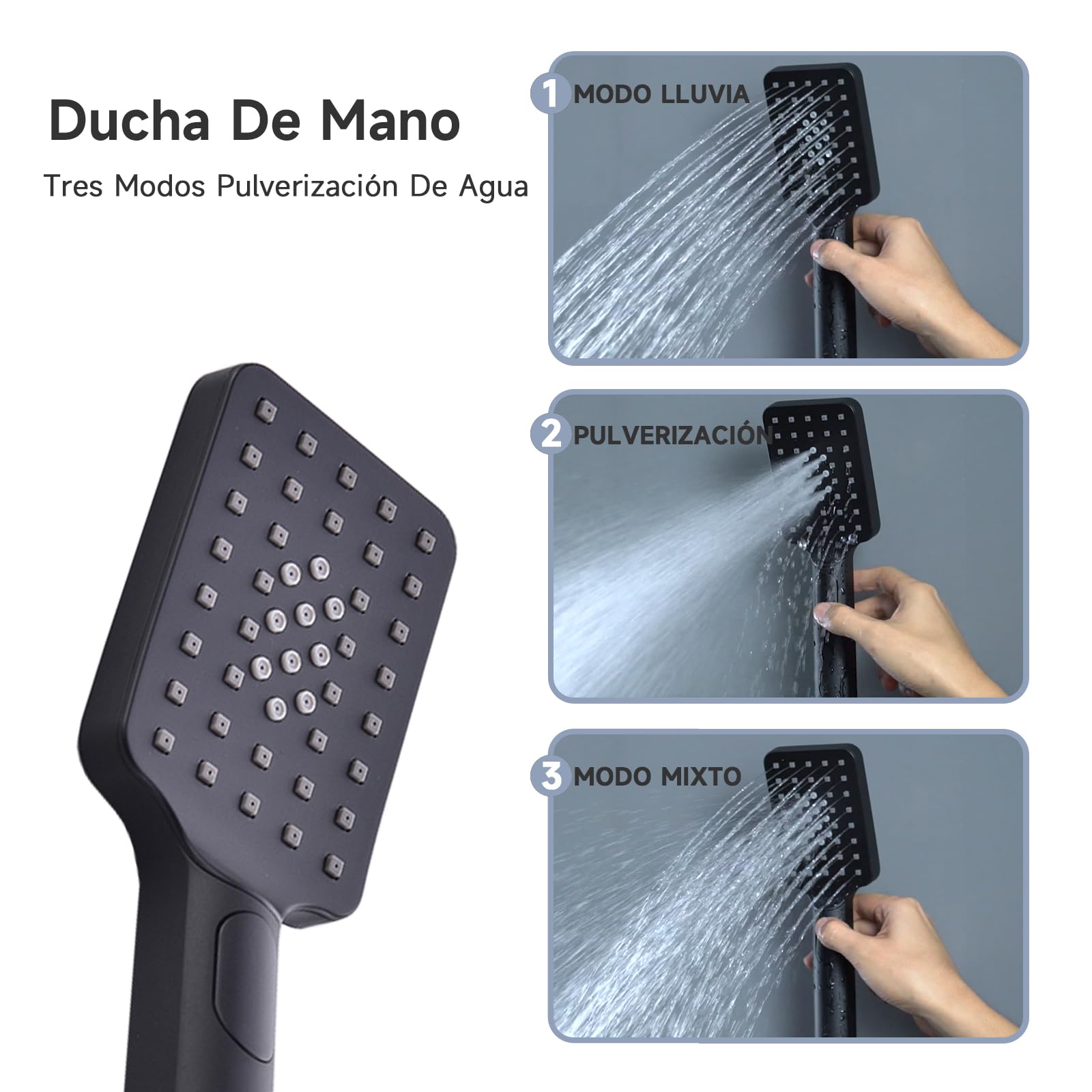 Columna Ducha,Sistema de ducha termostático de doble función,Rociador de ducha fijo de 500 x 500 mm (3 modos de chorro) y ducha de mano flexible (3 modos de chorro),Equipado con luz LED,Negro
