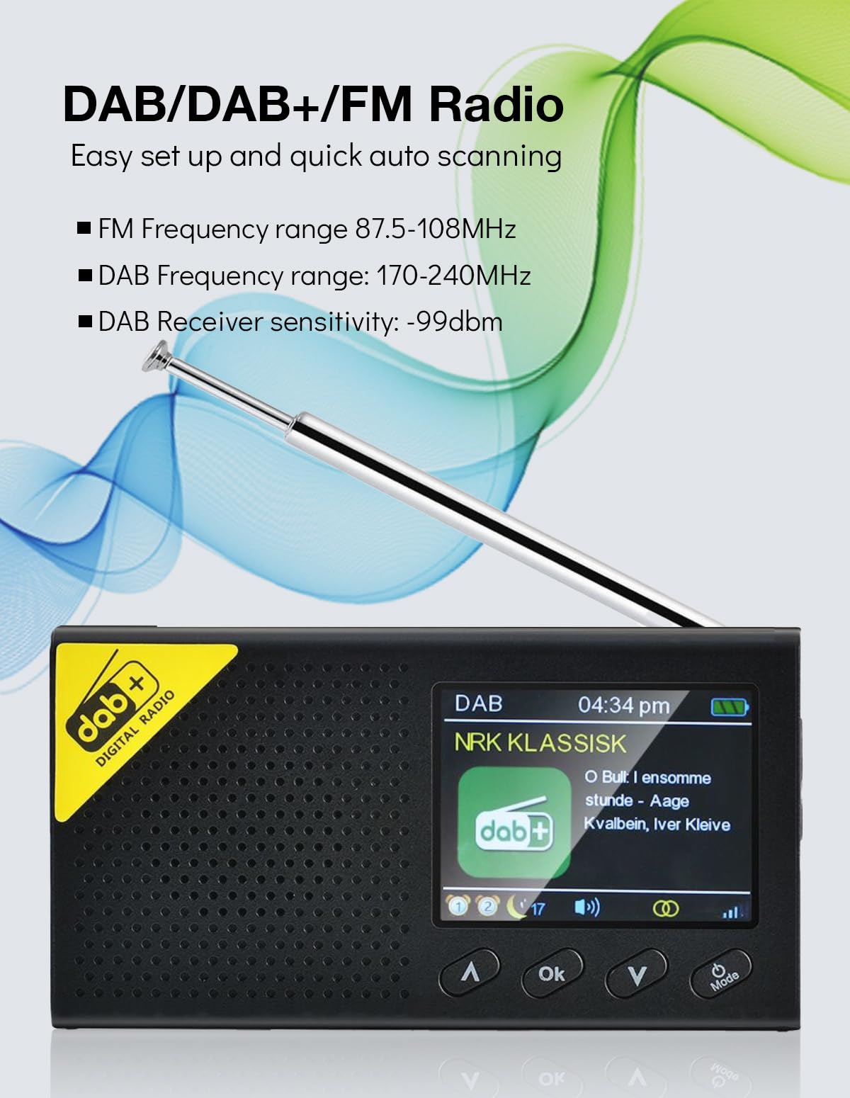 Radio Dab, Dab+ Bluetooth Portable | Batterie Rechargeable ou Alimentation par câble USB-C | 12 Heures de Lecture, Affichage LCD 2.4“, Prise Casque | Double Alarme, FM, 40+ présélections