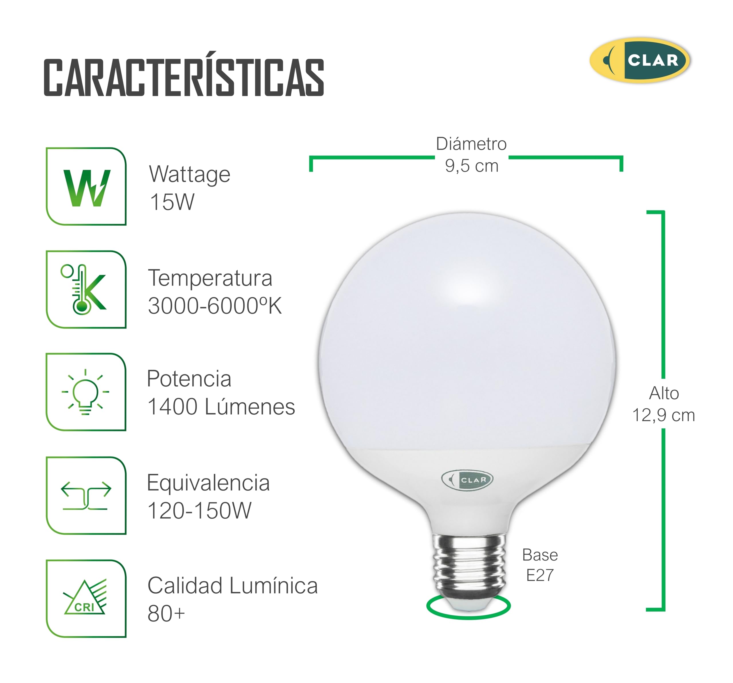 CLAR - Bombilla Globo E27, Bombilla Grande Globo, Diámetro 95 mm (G95), Bombilla No Regulable, Luz Calida 3000ºk (Pack 3)