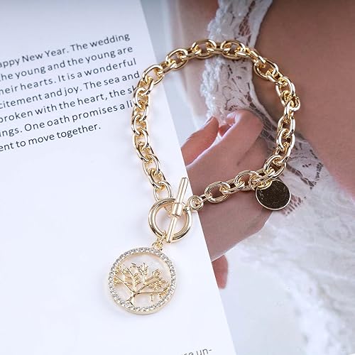 Miniatura 2 de Pulsera de cadena gruesa, cadena de eslabones dorados, pulsera de palanca con dije de disco de diamantes de imitación, pulsera con cierre de OT,