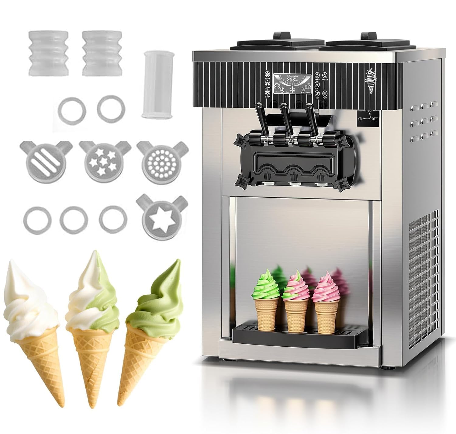 Kommerzielle Eismaschine, 20–28 L/h 2200 W, Kommerzielle Softeismaschine, Gewerbliche Eiscrememaschine mit 3 Aromen & 2 x 6L & LED-Panel, für Restaurant, Café