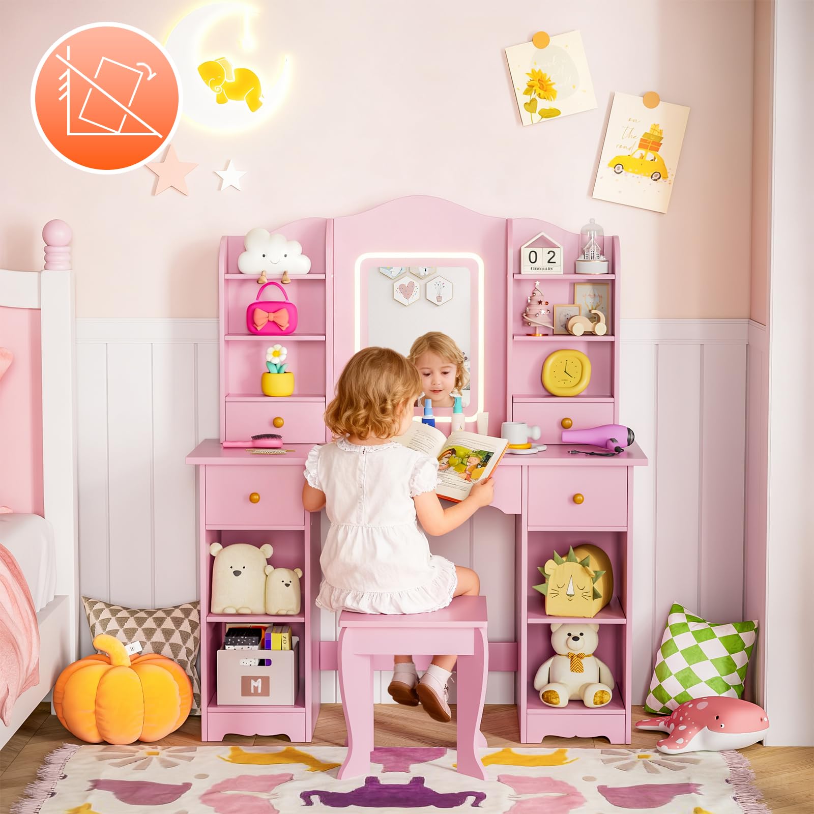 MAMIZO Toeletta Trucco Bambina con Sgabello LED, Toeletta per Bambini con Sedia, 5 Cassetti e 10 Scomparti Portaoggetti, 3 Modalità di Illuminazione Regolabili, 95x34x118cm, Rosa
