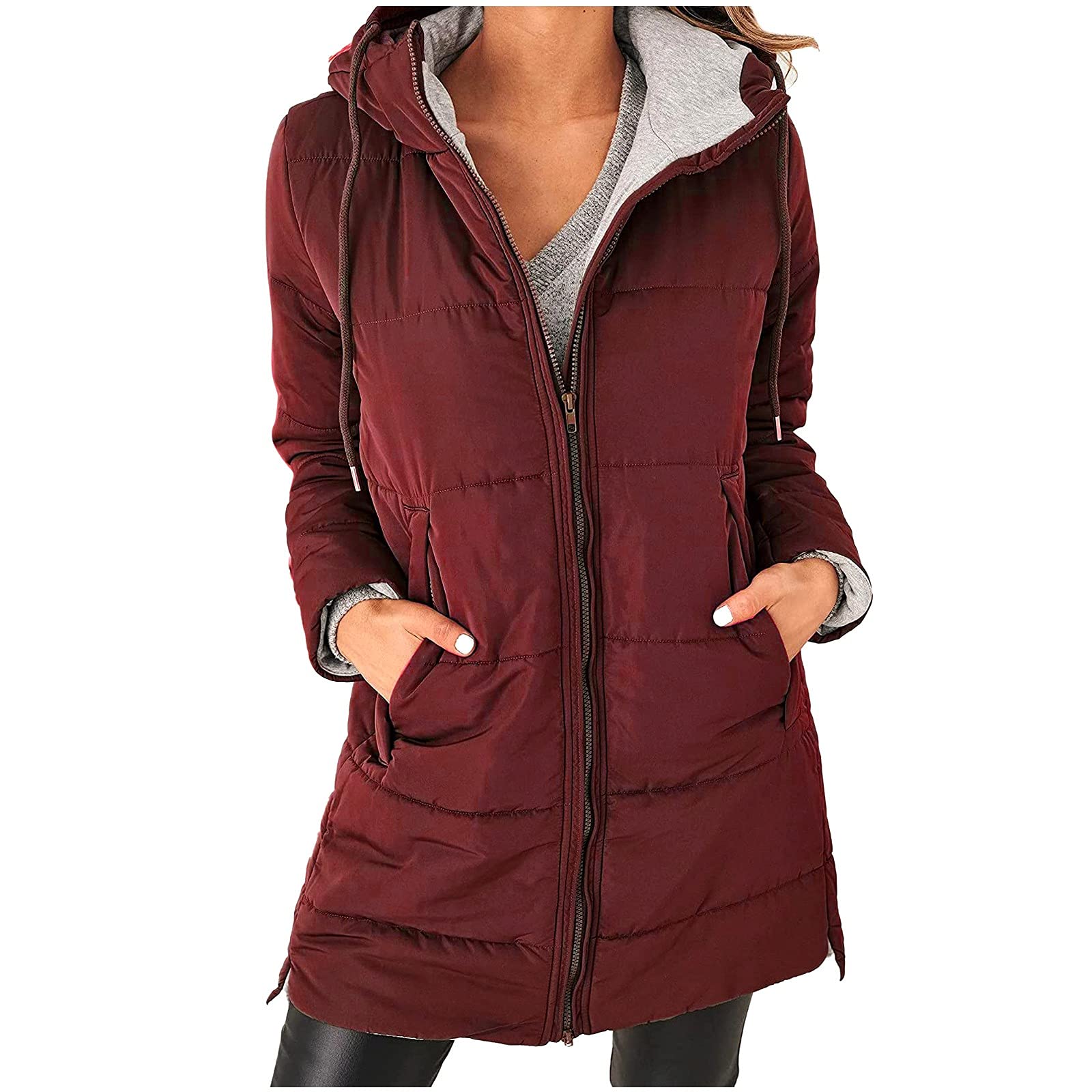 Abrigo acolchado largo para mujer, abrigo con capucha, abrigo de invierno, cálido, chaqueta con capucha con cremallera, bolsillos, chaqueta de invierno para mujer, chaqueta acolchada larga con